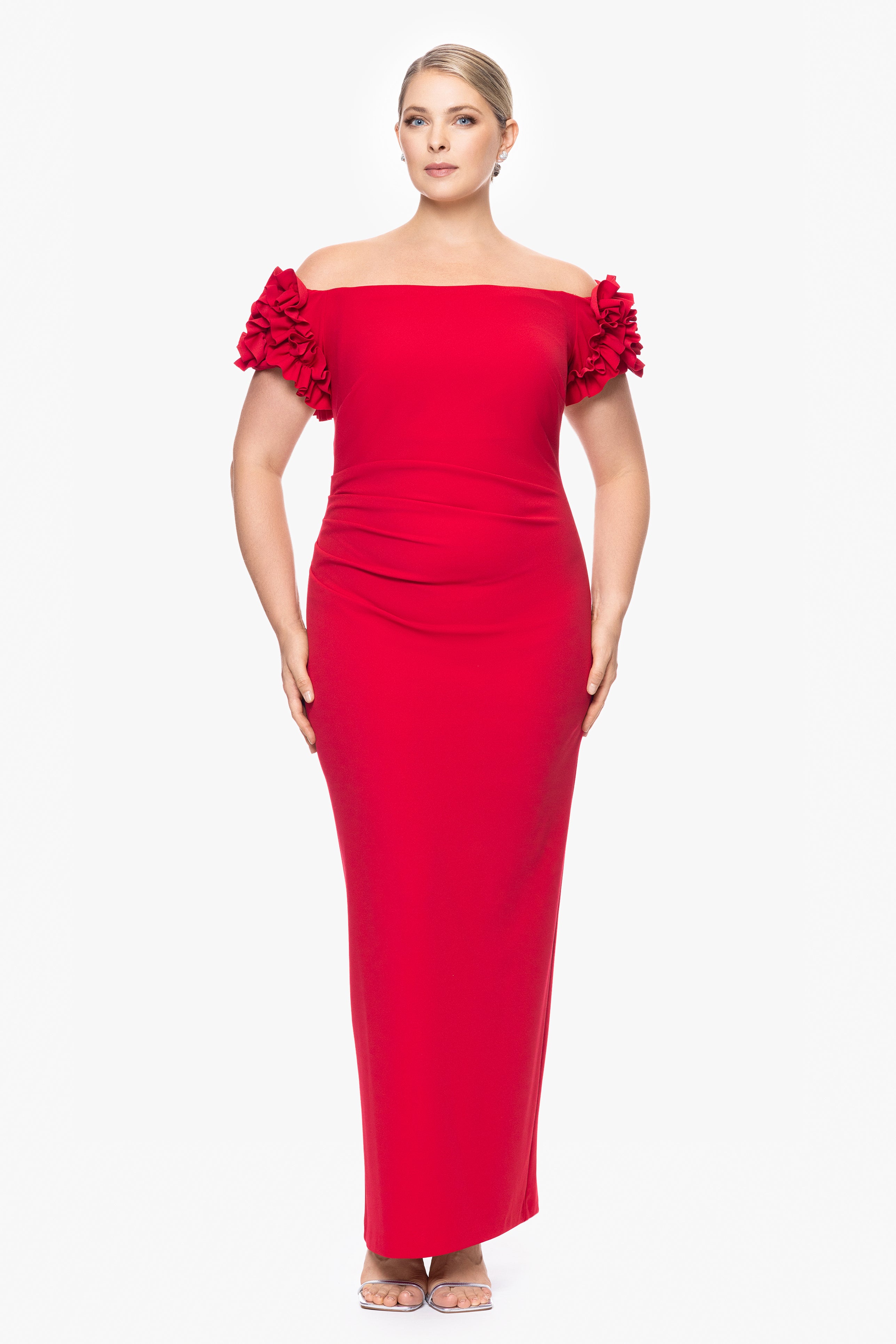 Plus "Karla" Long Off the Shoulder Scuba Crepe Ruffle Sleeve Dress