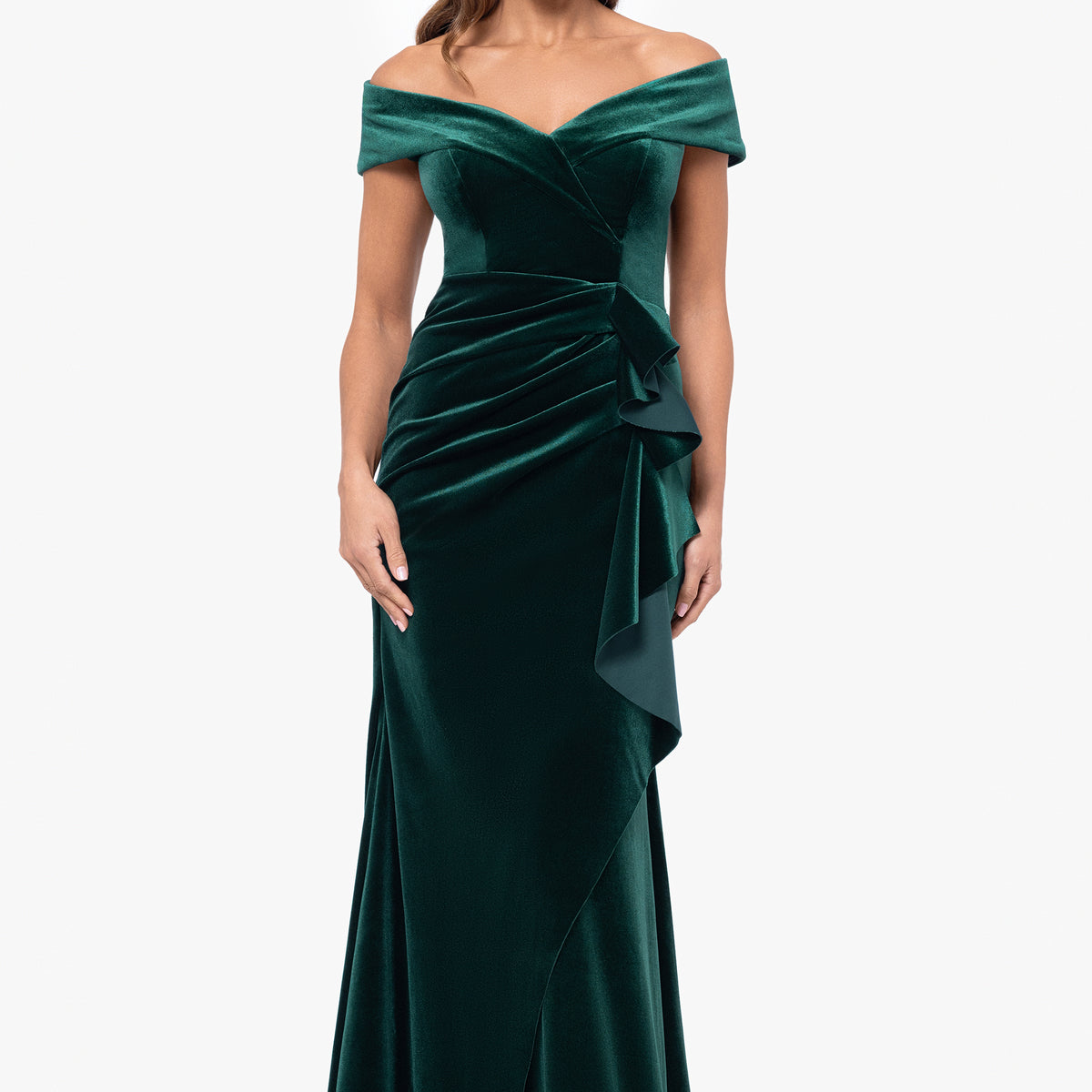 green emerald velvet dress Green Tea Length Velvet Off Shoulder Party Dress, Green Bridesmaid Dre –  Cutedressy