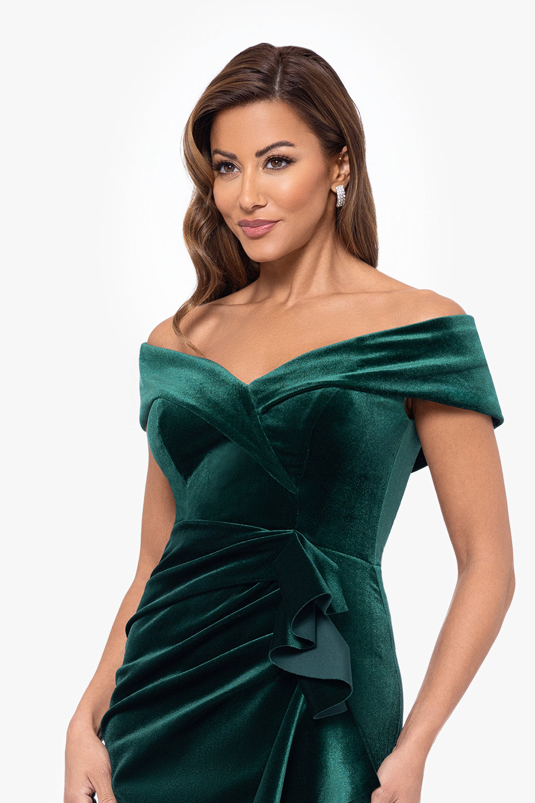 "Alana" Long Off the Shoulder Velvet Ruffle Dress