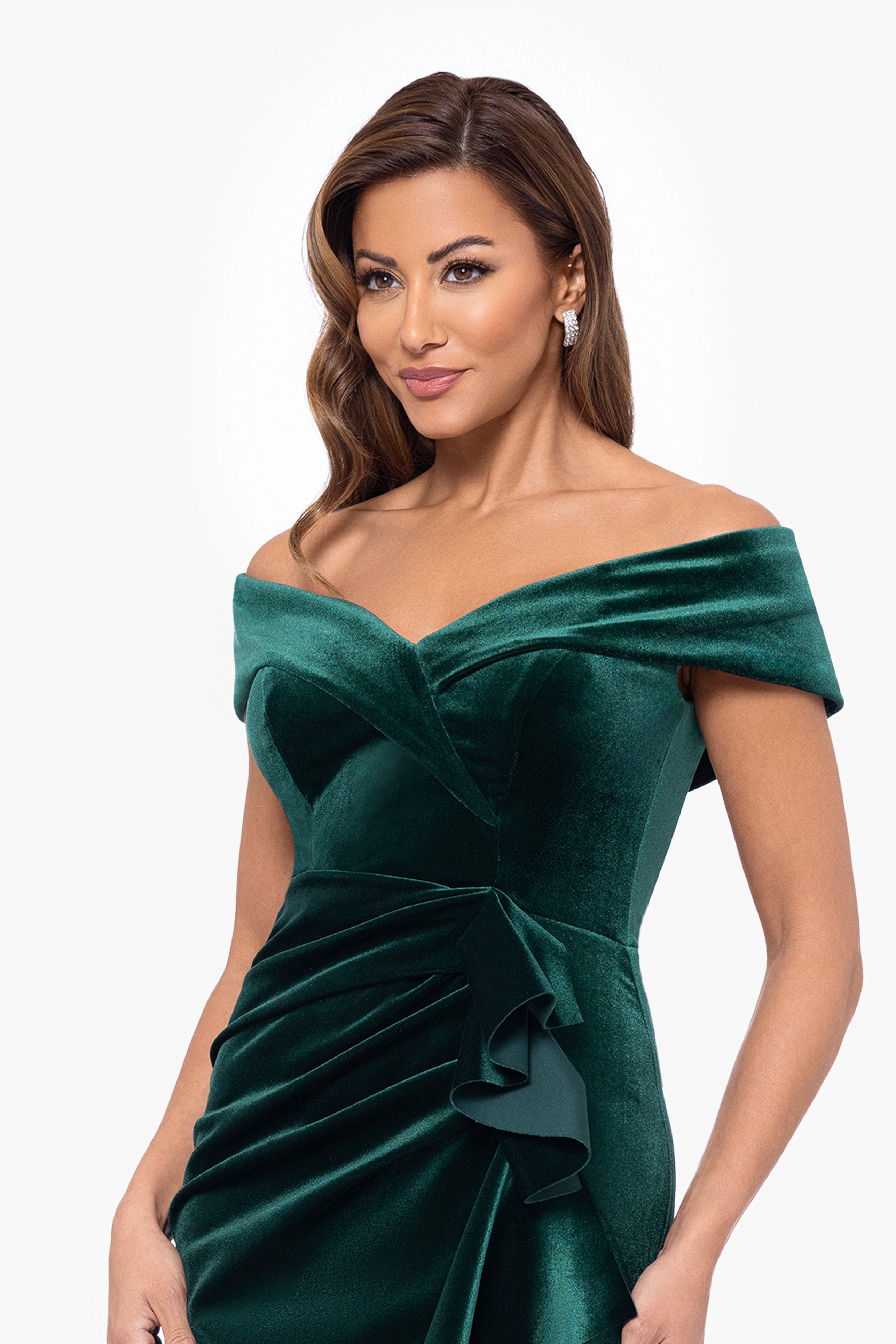 Petite "Alana" Long Off The Shoulder Velvet Ruffle Dress