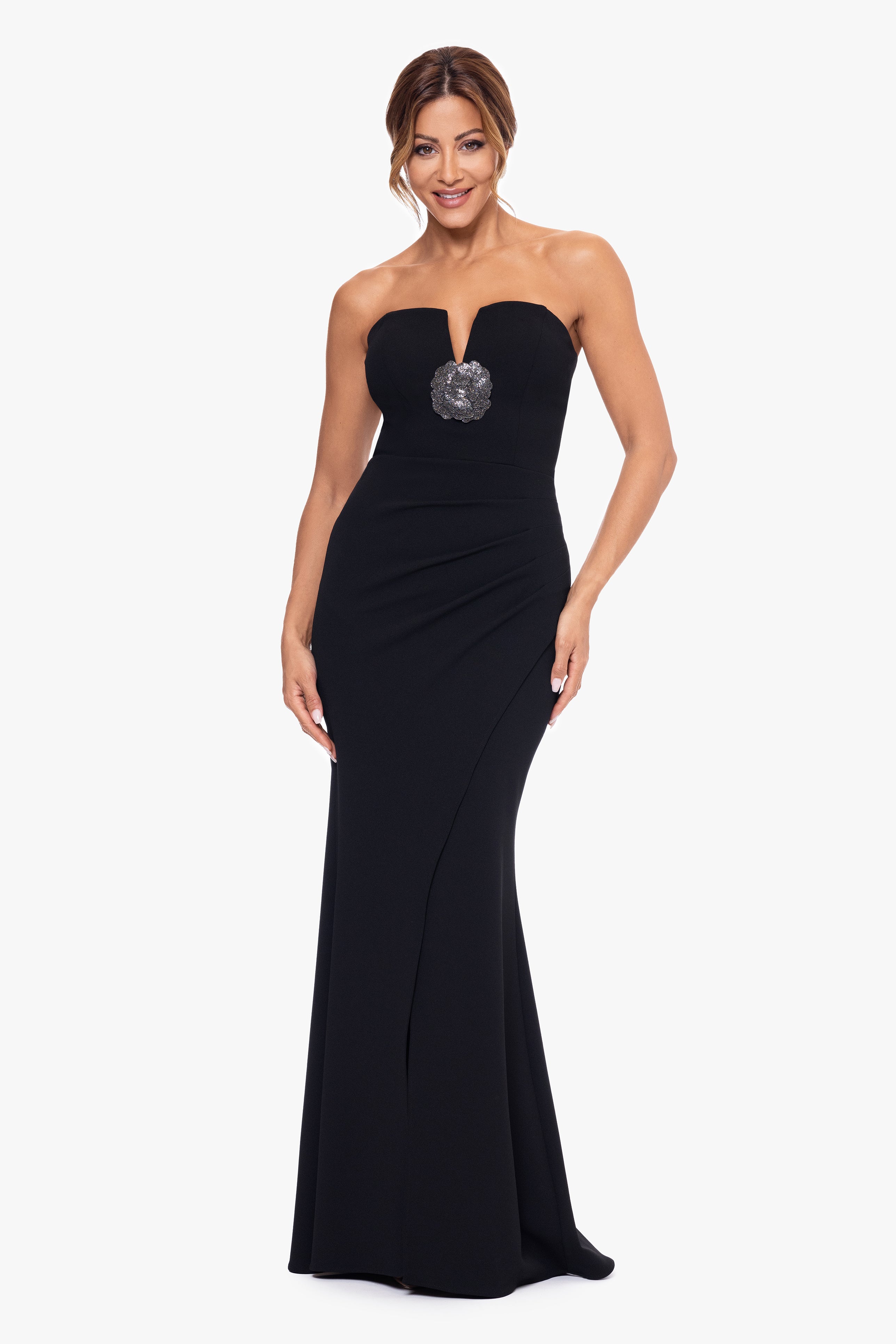 "Juliana" Scuba Crepe Flower Embellished Floor Length Dress