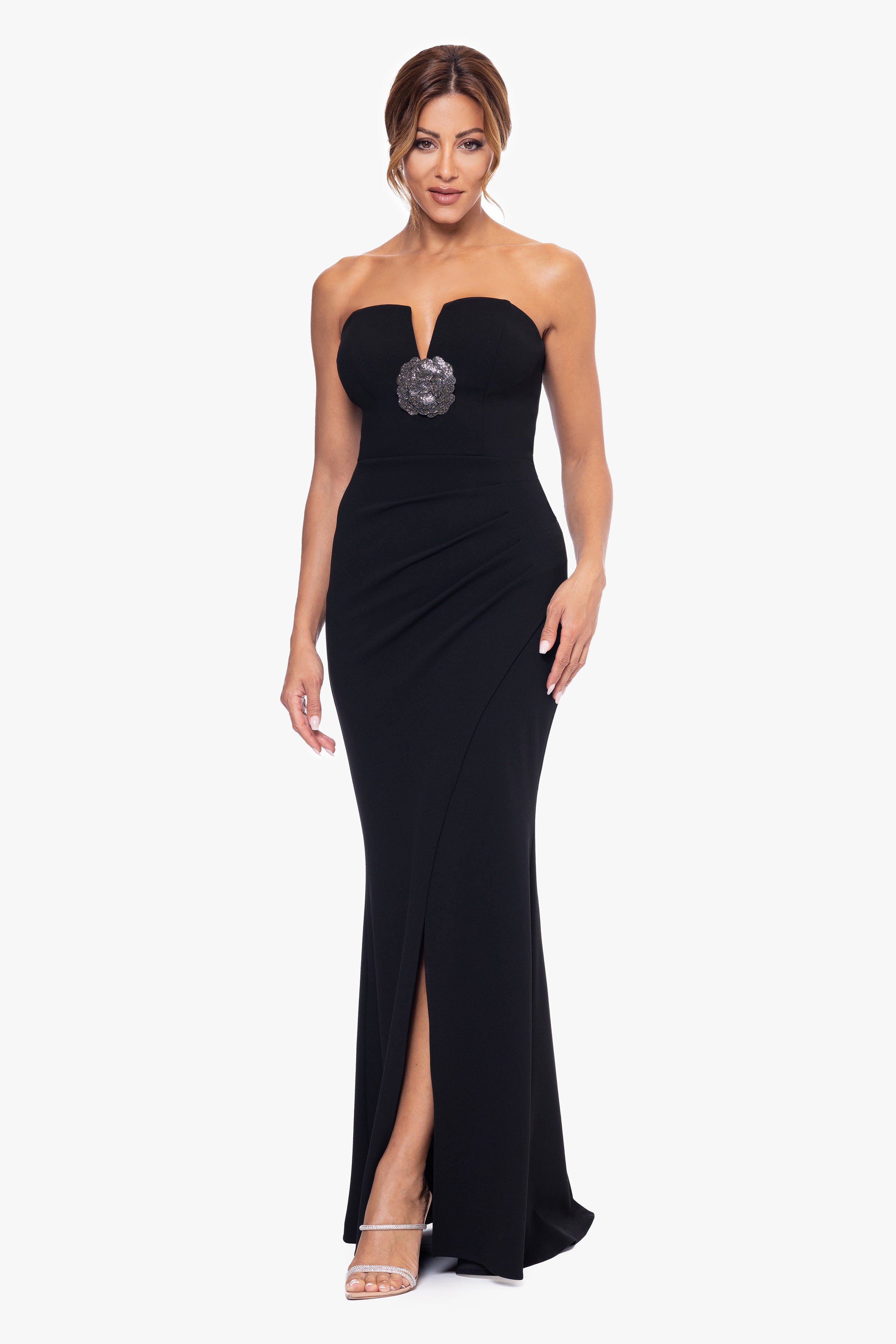 "Juliana" Scuba Crepe Flower Embellished Floor Length Dress