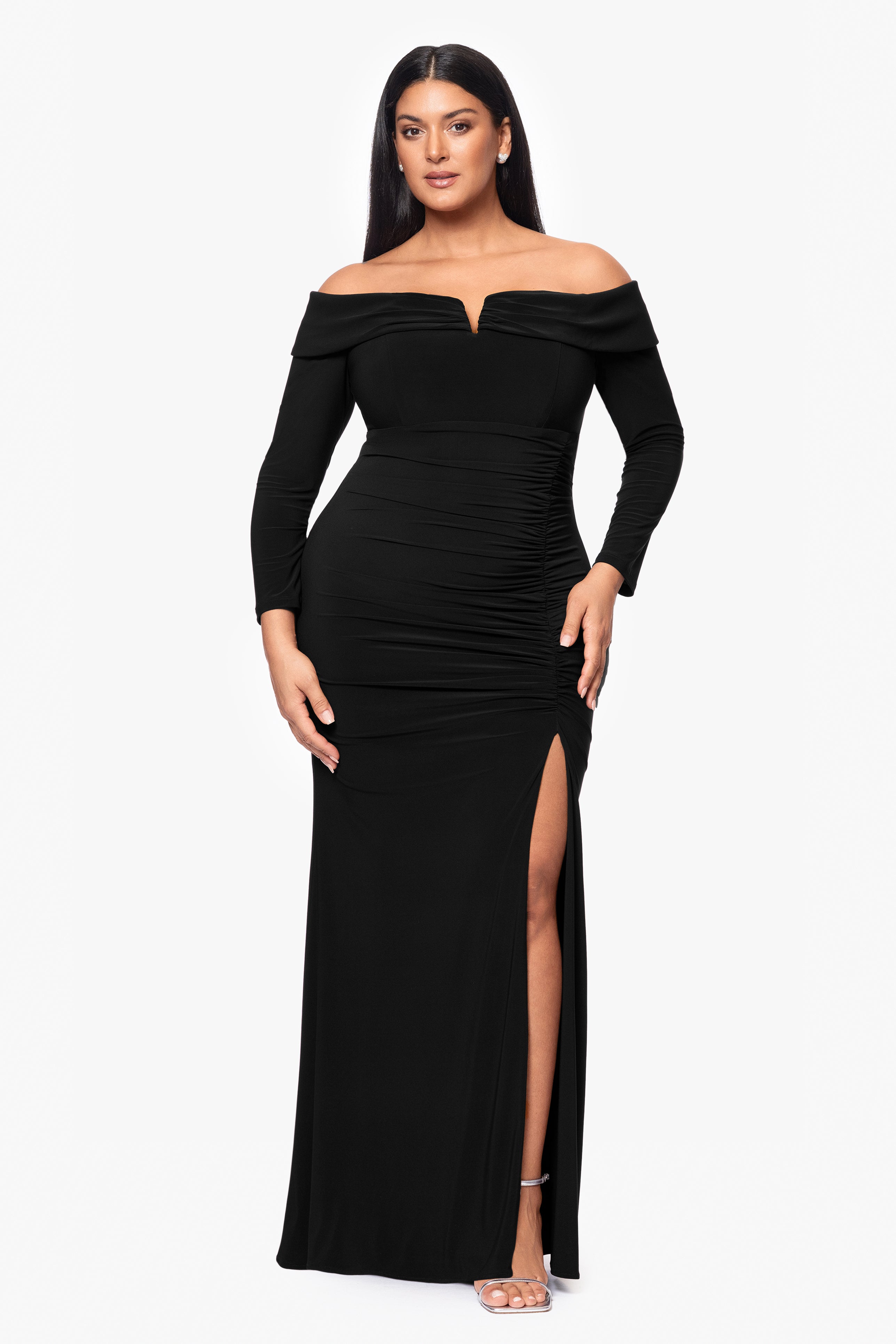 Plus "Noreen" Long Off the Shoulder Jersey Knit Dress