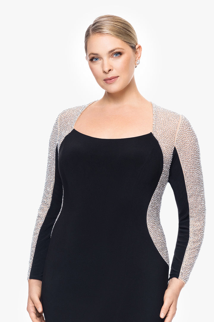 Plus "Justina" Long Jersey Knit Caviar Beaded Long Sleeve Scoop Neck Dress