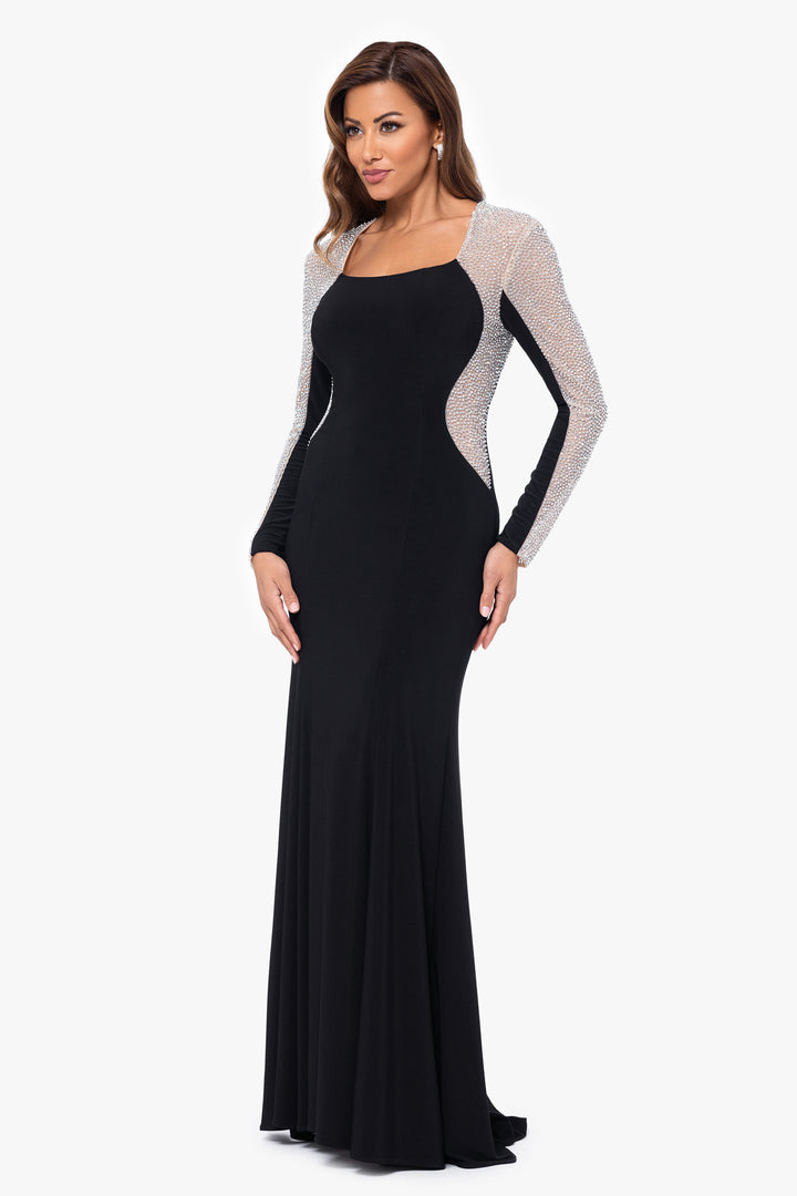 "Justina" Long Jersey Knit Caviar Beaded Long Sleeve Scoop Neck Dress