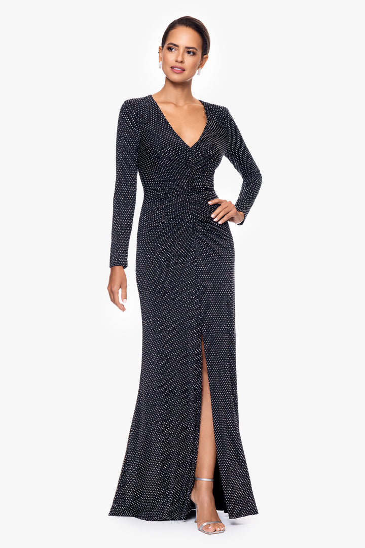 "Devin" Long Rhinestone Jersey Knit V-Neck Dress