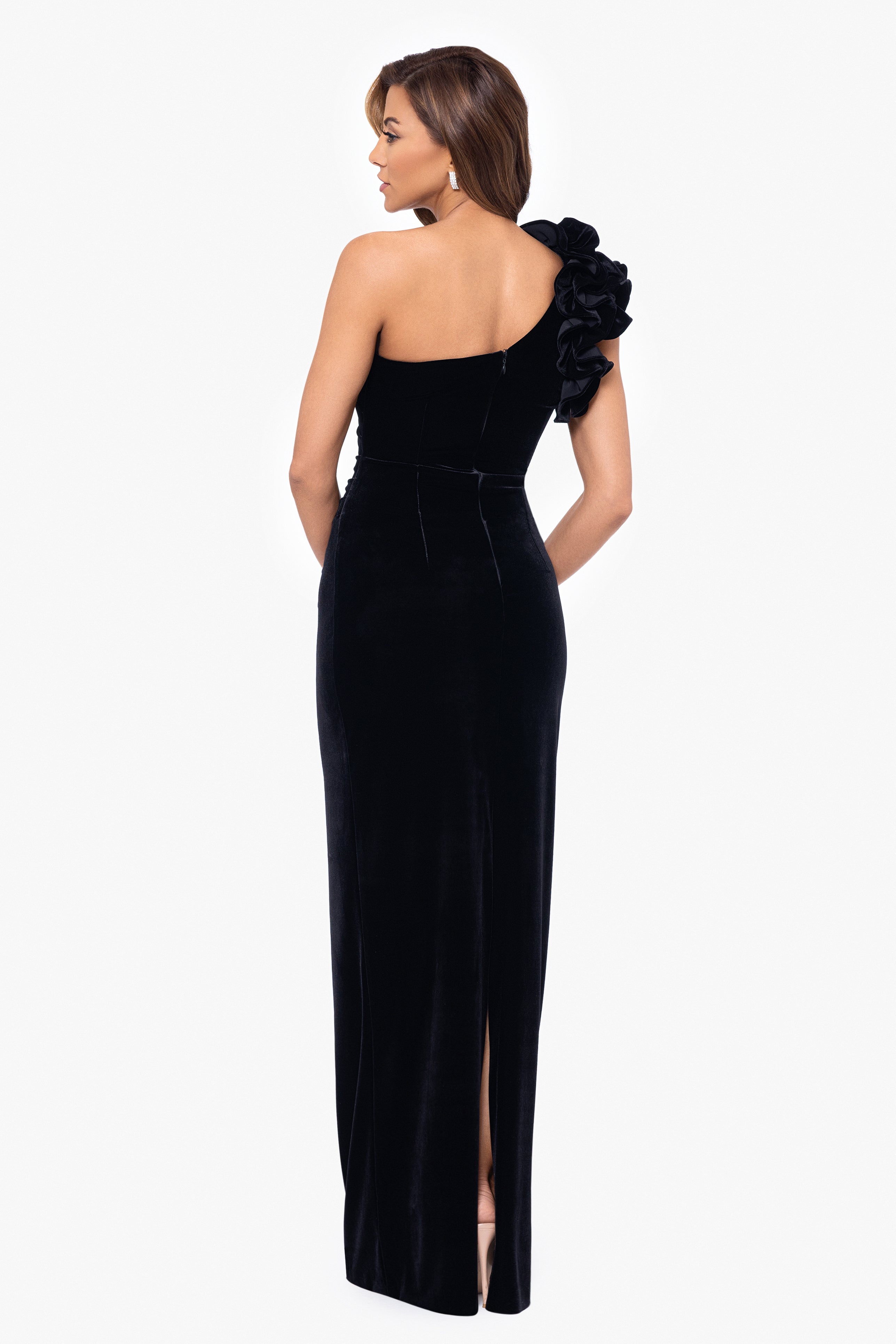 "Connie" Long One Shoulder Ruffle Velvet Dress