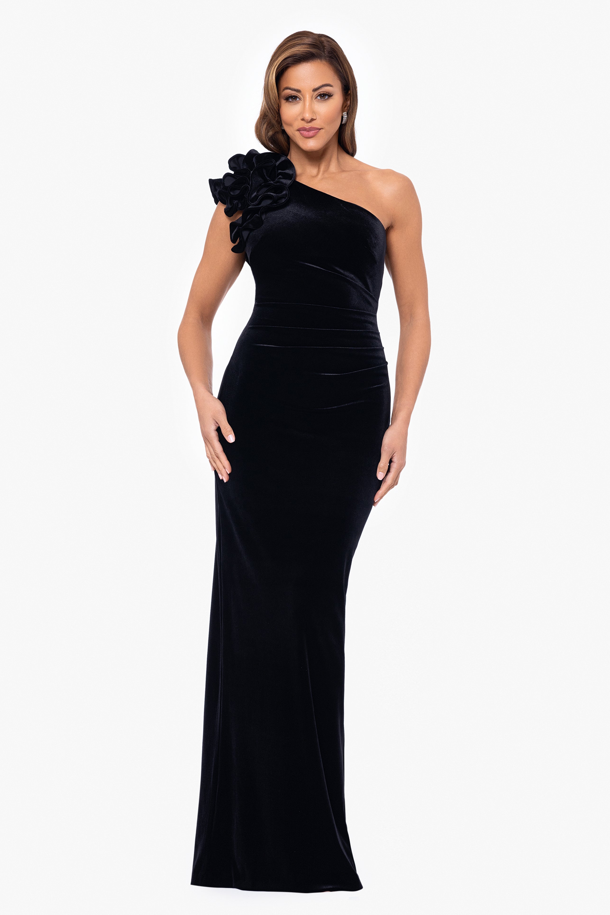 Xscape Evenings Connie Long One Shoulder Ruffle Velvet Dress Black 6