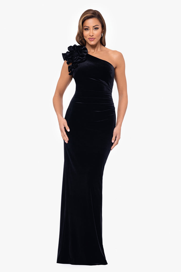 "Connie" Long One Shoulder Ruffle Velvet Dress