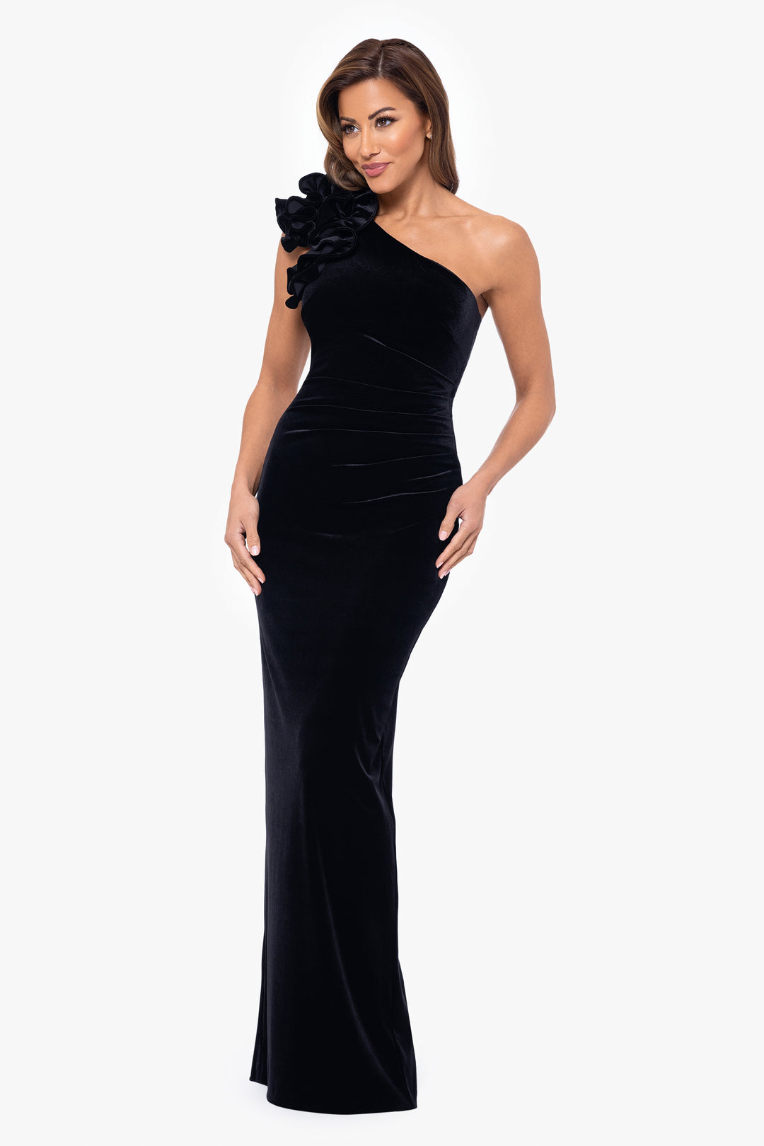 "Connie" Long One Shoulder Ruffle Velvet Dress