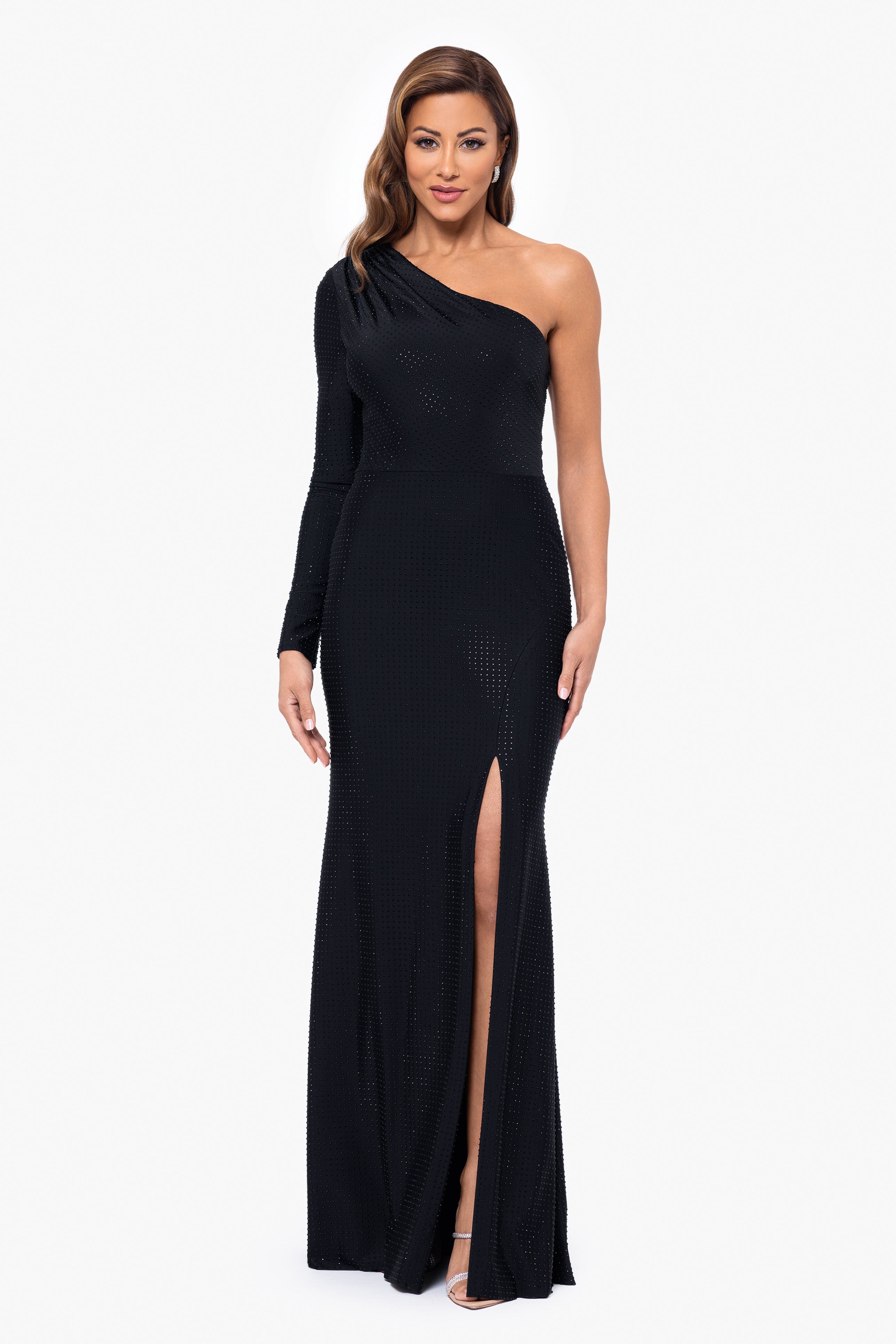 "Arleen" Stone Knit One Shoulder Long Sleeve Floor Length Dress