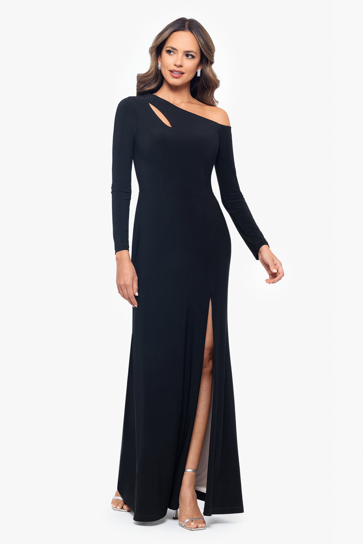 "Leona" Long Jersey Knit Contrast Lining Off the Shoulder Dress