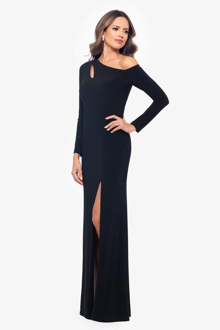 "Leona" Long Jersey Knit Contrast Lining Off the Shoulder Dress