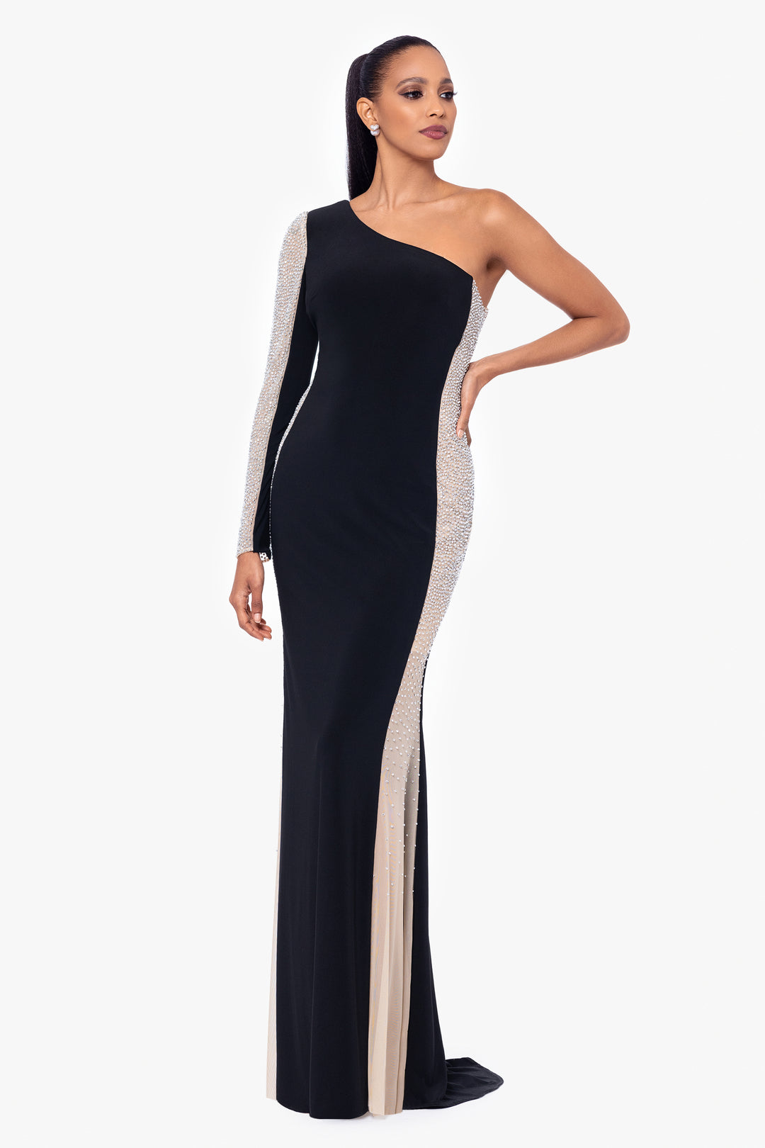 "Dorthey" Long Caviar Beaded Jersey Knit One Shoulder Long Sleeve Dress