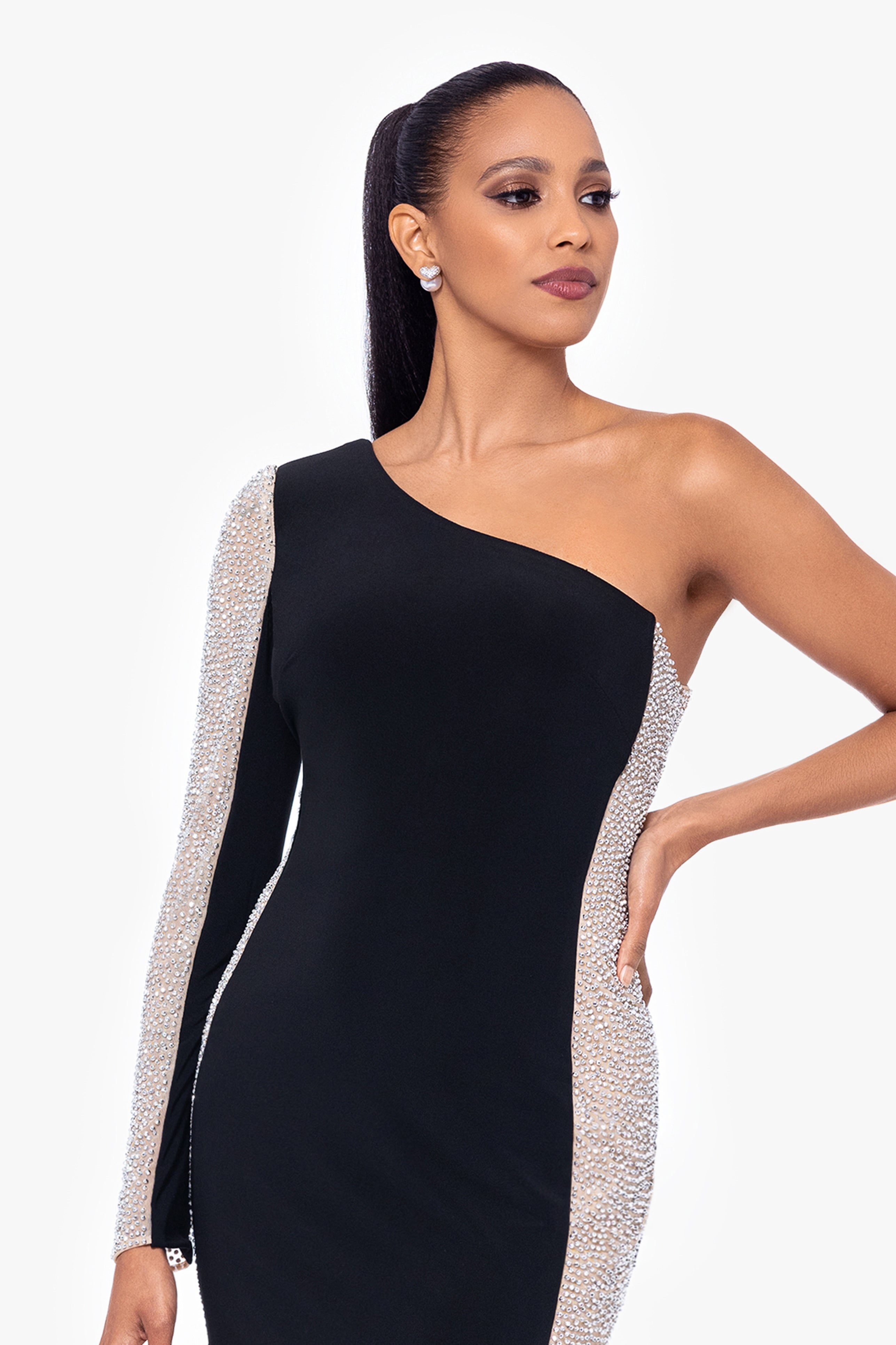 "Dorthey" Long Caviar Beaded Jersey Knit One Shoulder Long Sleeve Dress