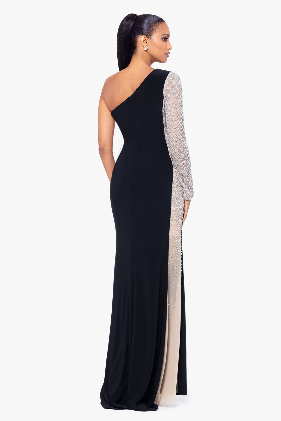 "Dorthey" Long Caviar Beaded Jersey Knit One Shoulder Long Sleeve Dress