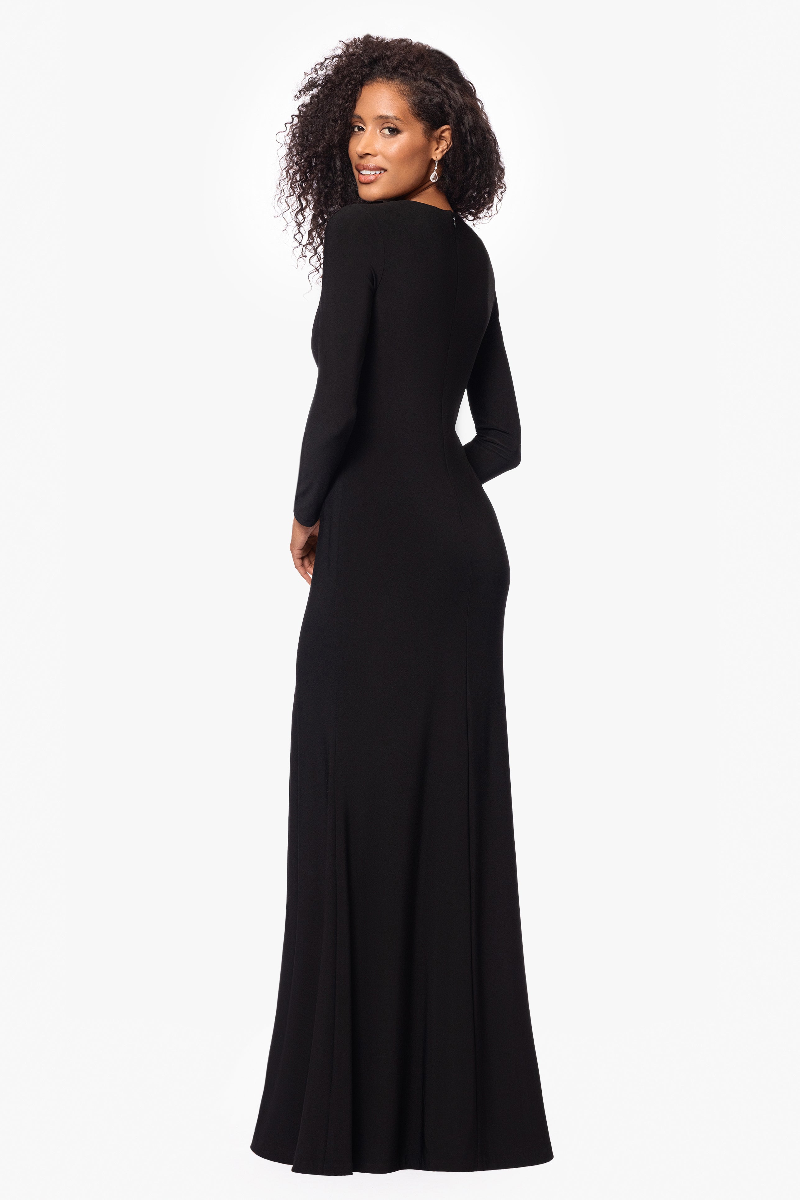 "Marcella" Long Jersey Knit Beaded Keyhole Neck Floor Length Dress