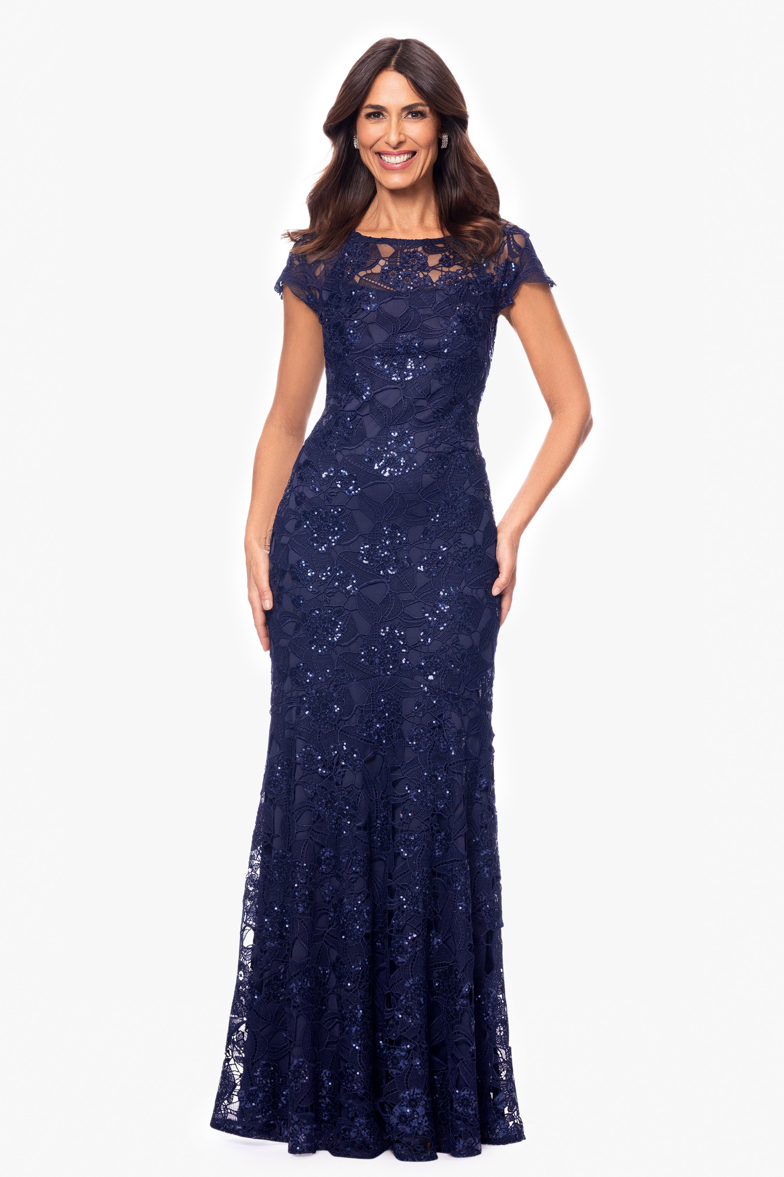 "Shayna" Floor Length Sequin Lace Short Sleeve Gown