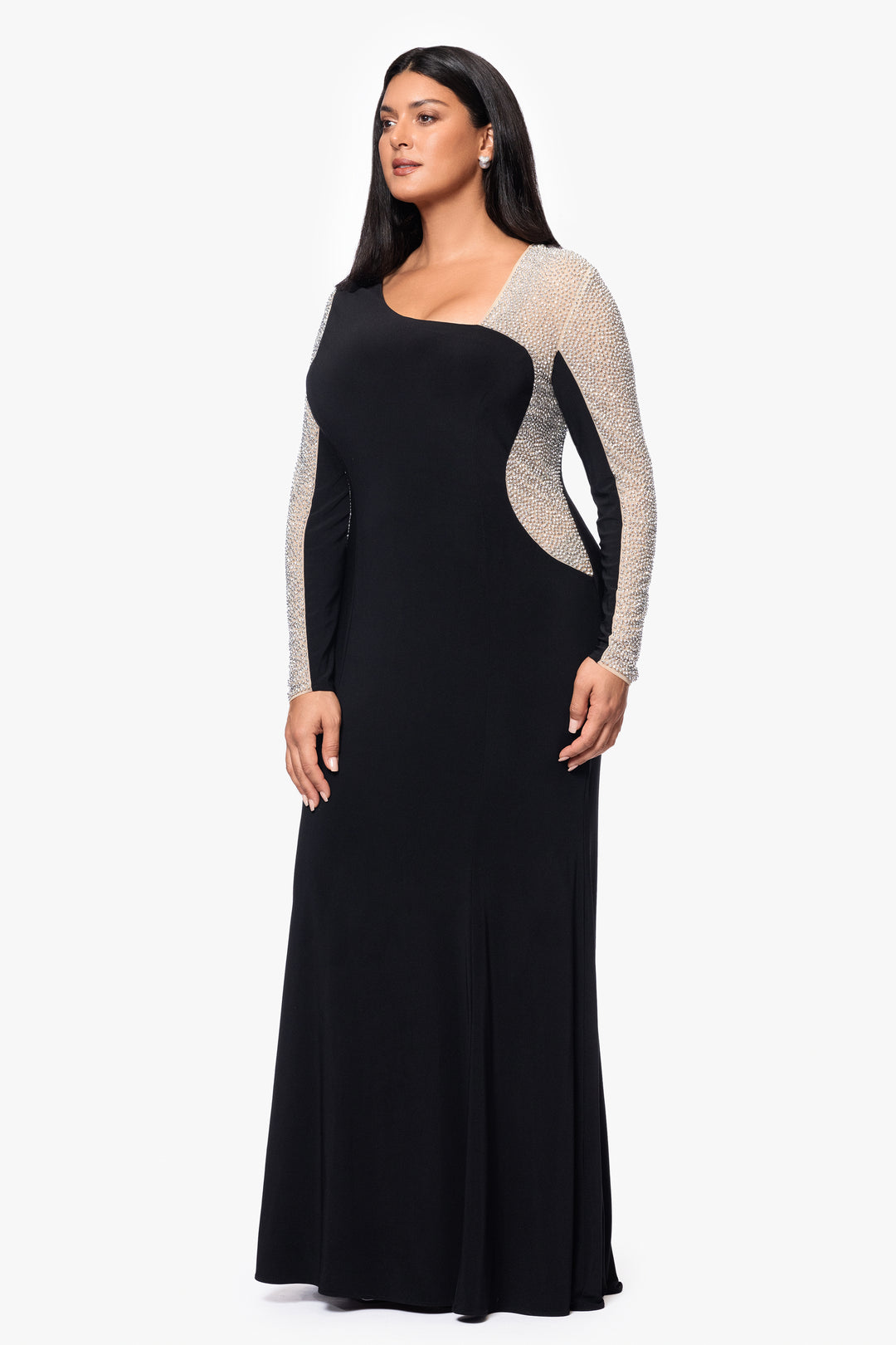 Plus "Anja" Long Jersey Knit Asymmetric Caviar Beaded Dress