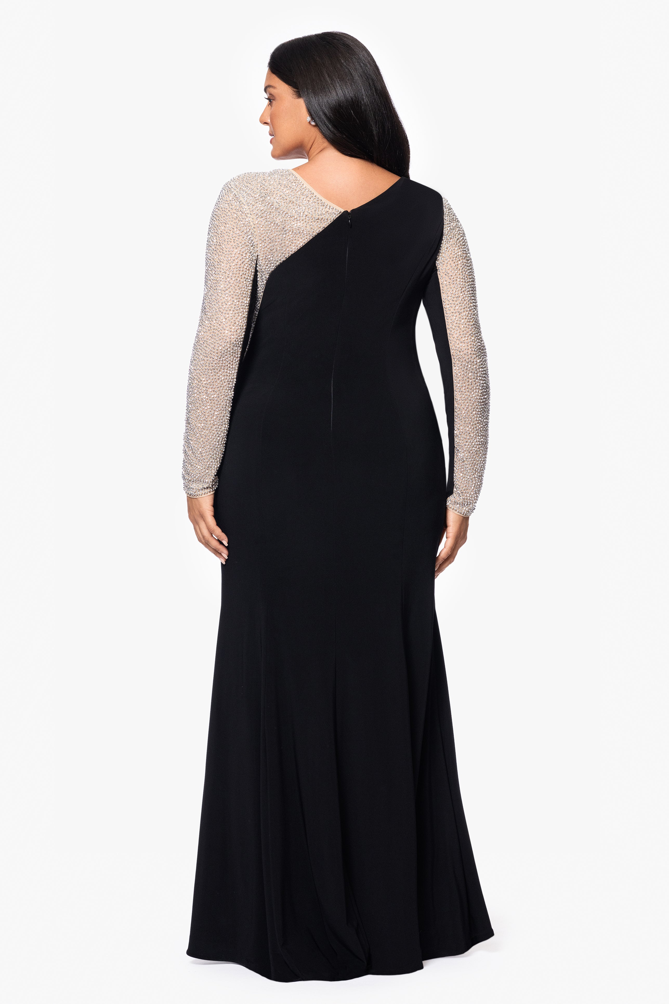 Plus "Anja" Long Jersey Knit Asymmetric Caviar Beaded Dress