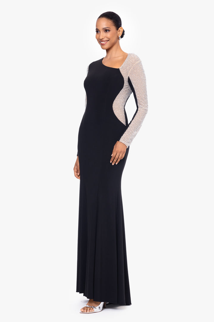 "Anja" Long Jersey Knit Asymmetric Caviar Beaded Dress