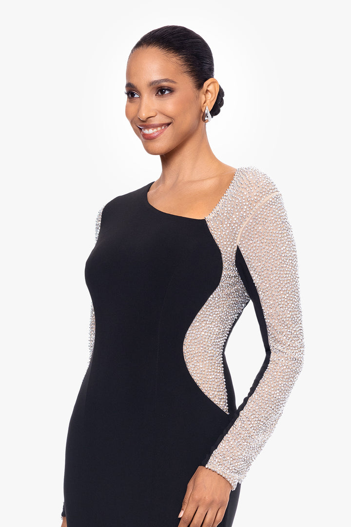 "Anja" Long Jersey Knit Asymmetric Caviar Beaded Dress