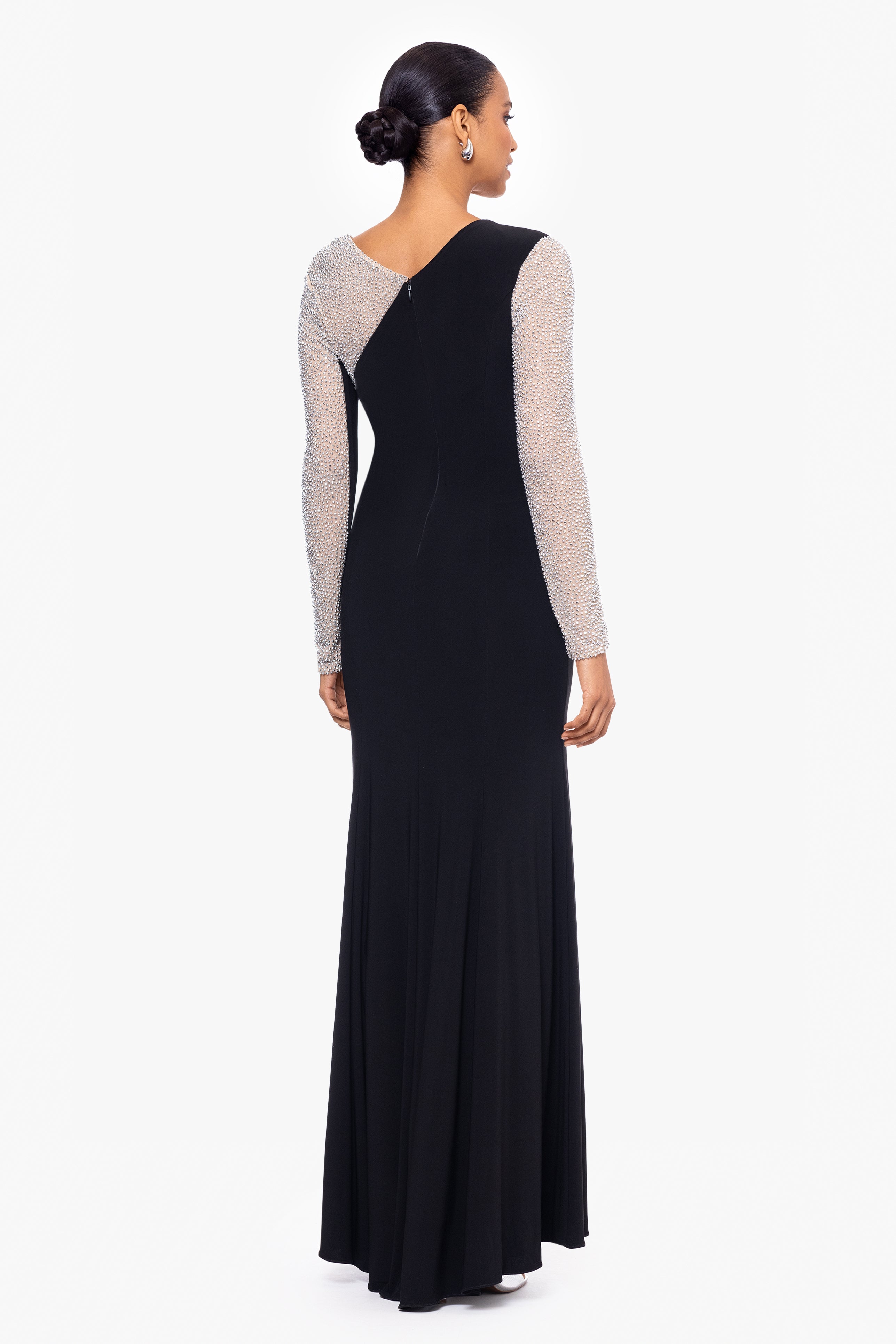 "Anja" Long Jersey Knit Asymmetric Caviar Beaded Dress