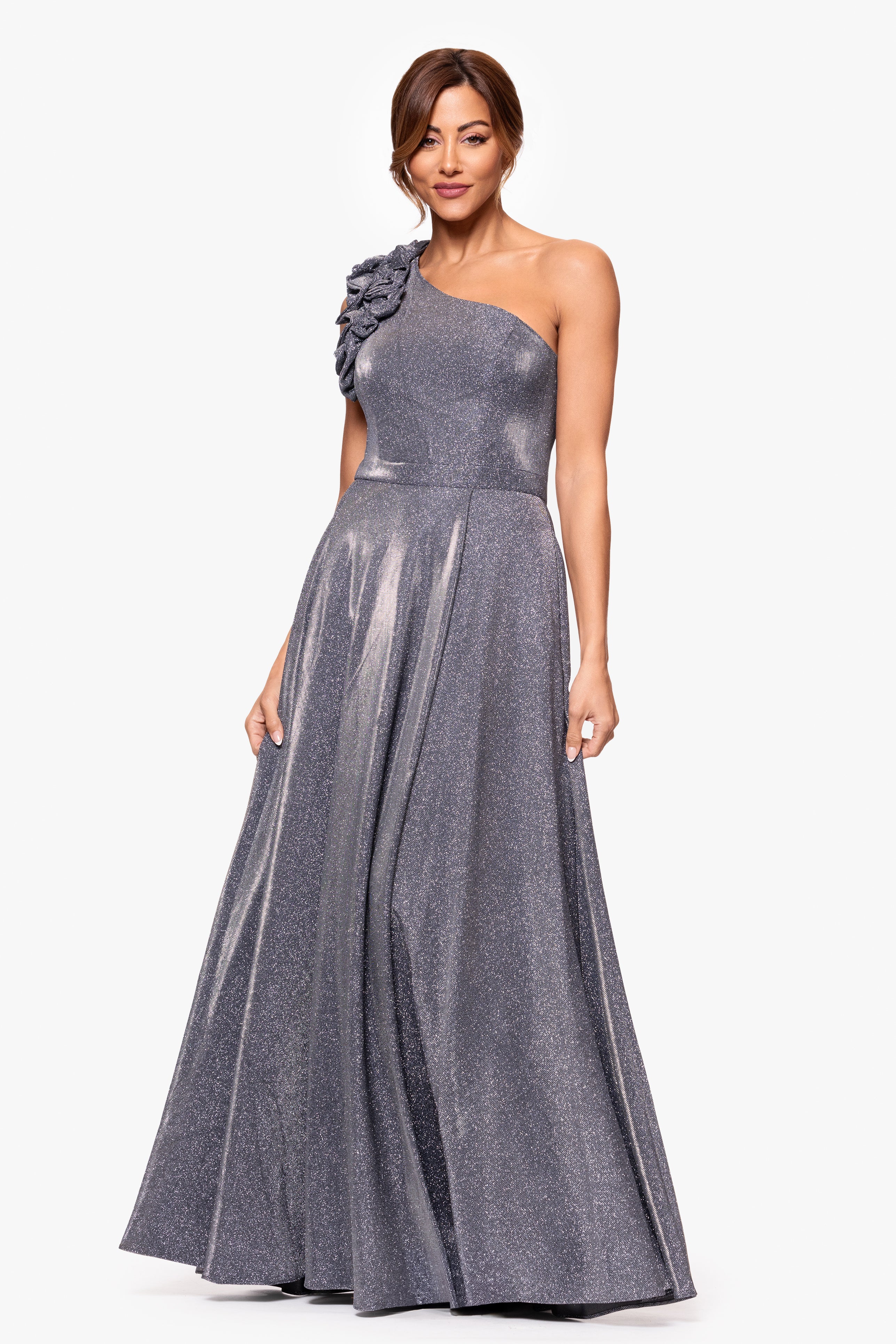 "Havannah" One Shoulder Ruffle Glitter Gown