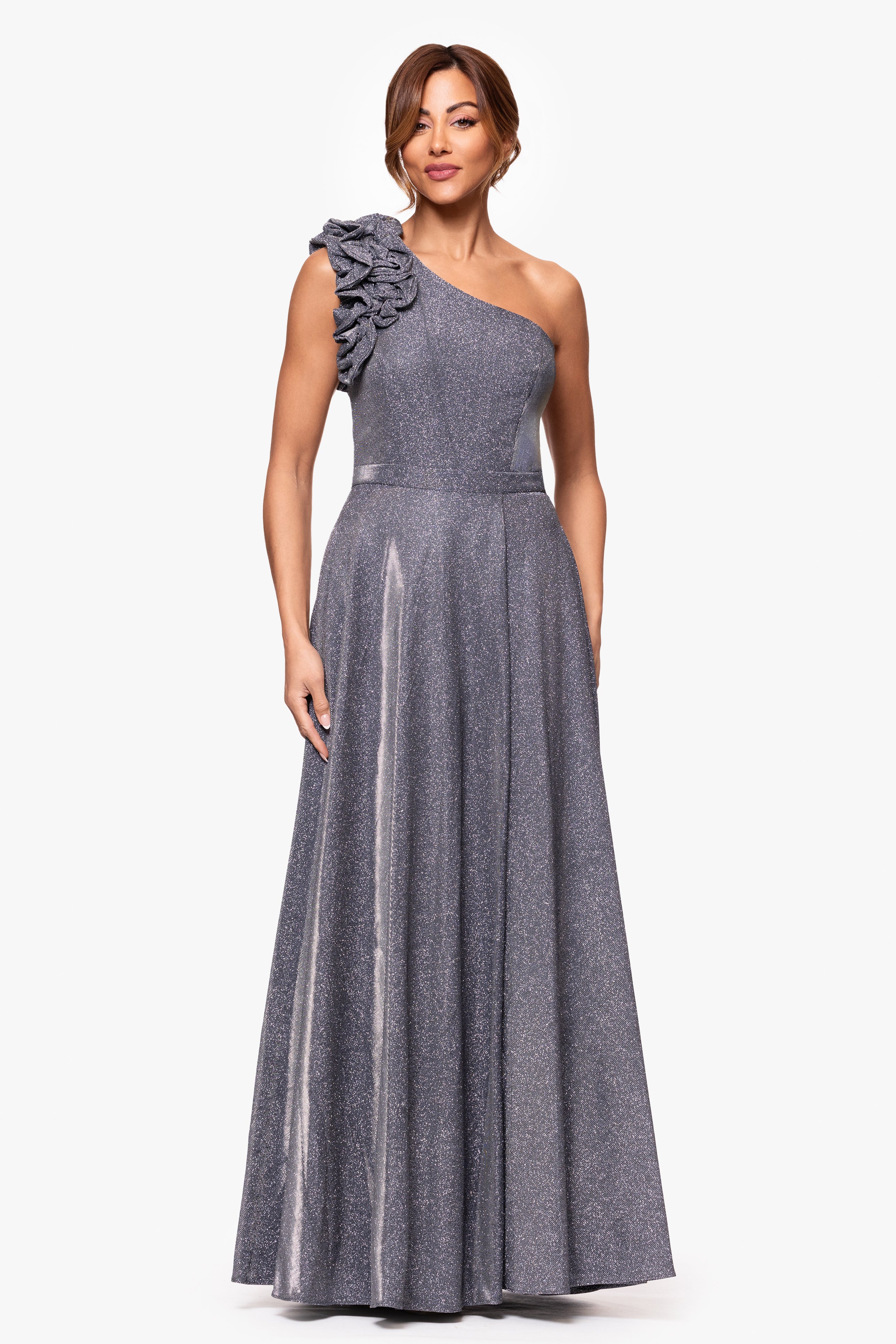 "Havannah" One Shoulder Ruffle Glitter Gown