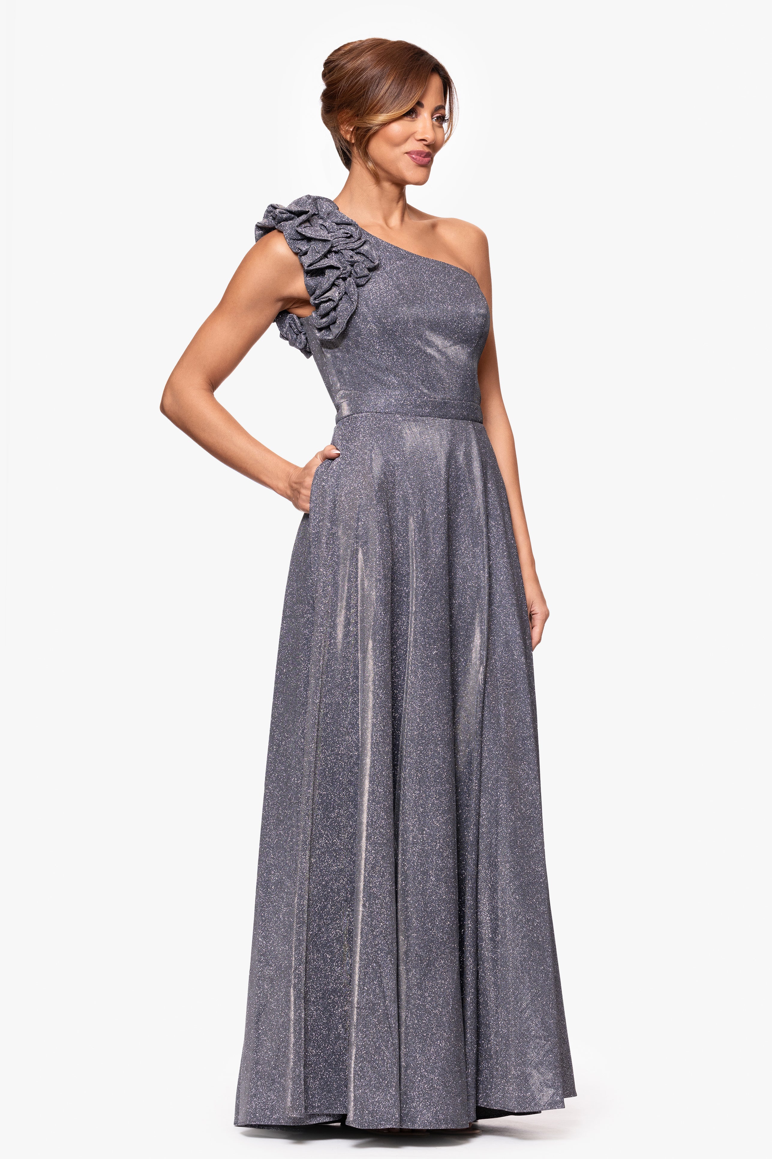 "Havannah" One Shoulder Ruffle Glitter Gown