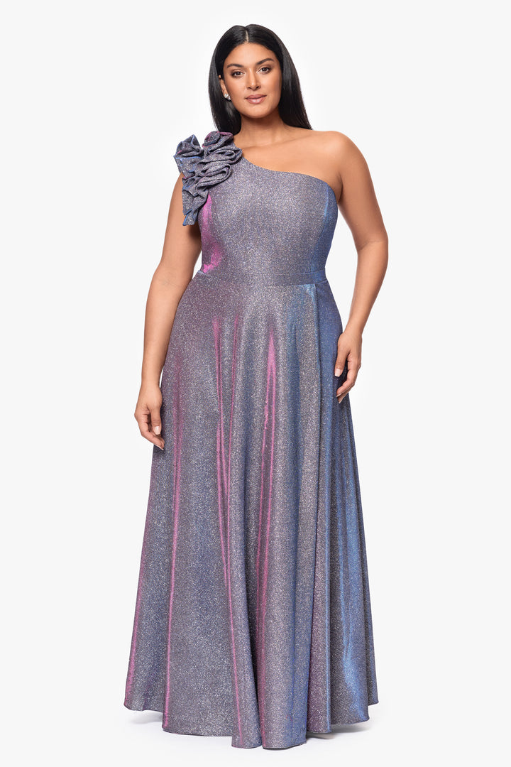 Plus "Havannah" One Shoulder Ruffle Glitter Gown