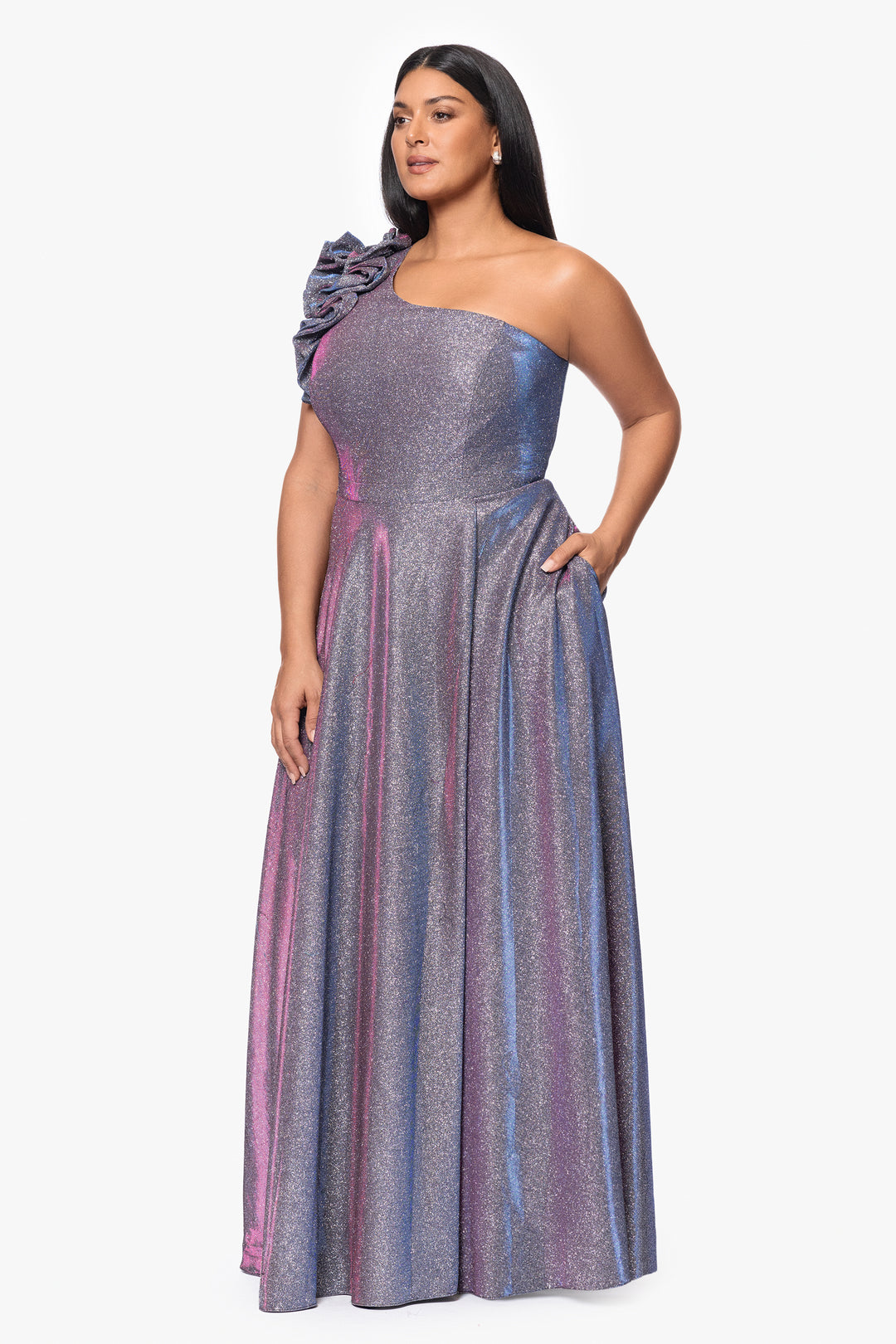 Plus "Havannah" One Shoulder Ruffle Glitter Gown