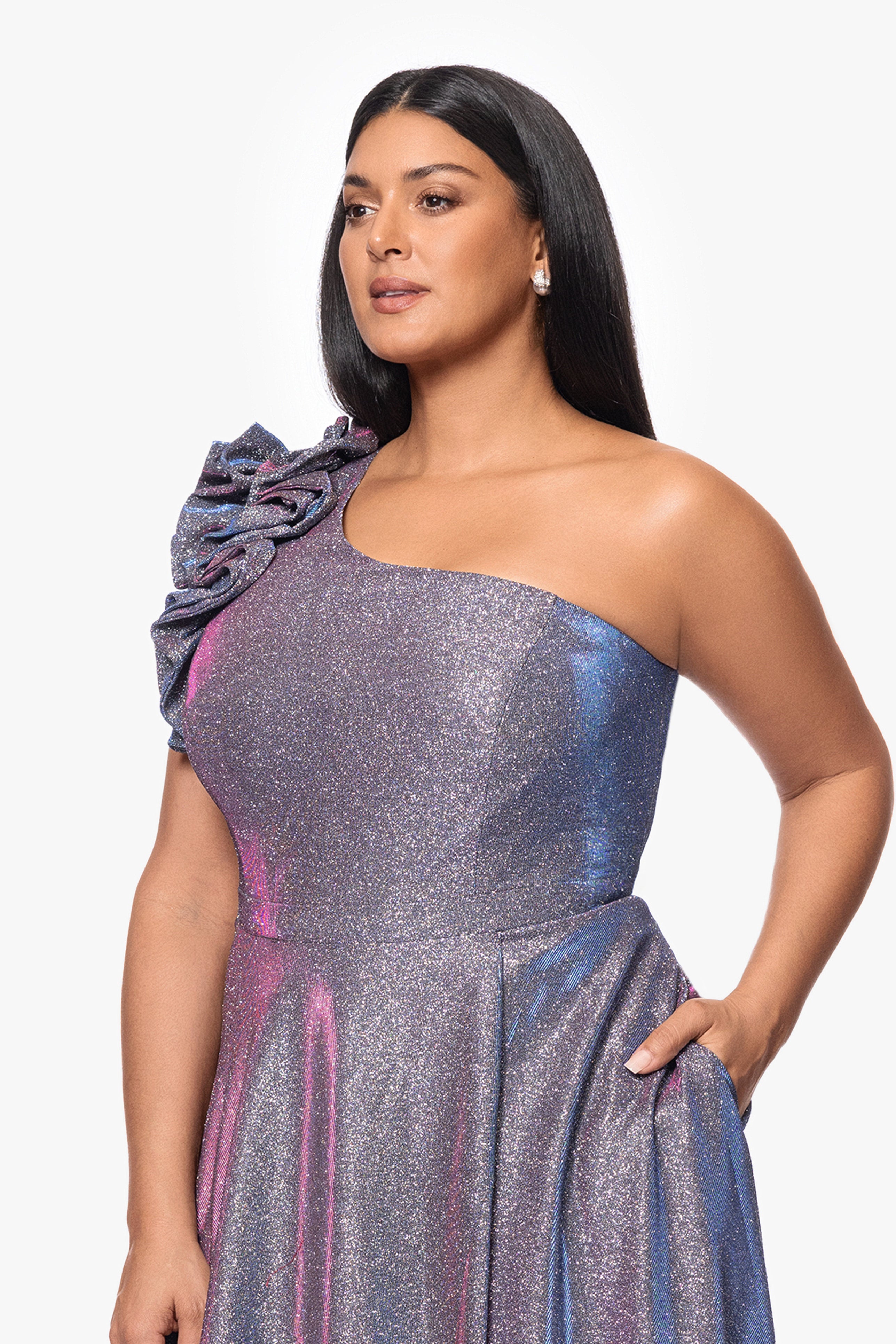 Plus "Havannah" One Shoulder Ruffle Glitter Gown