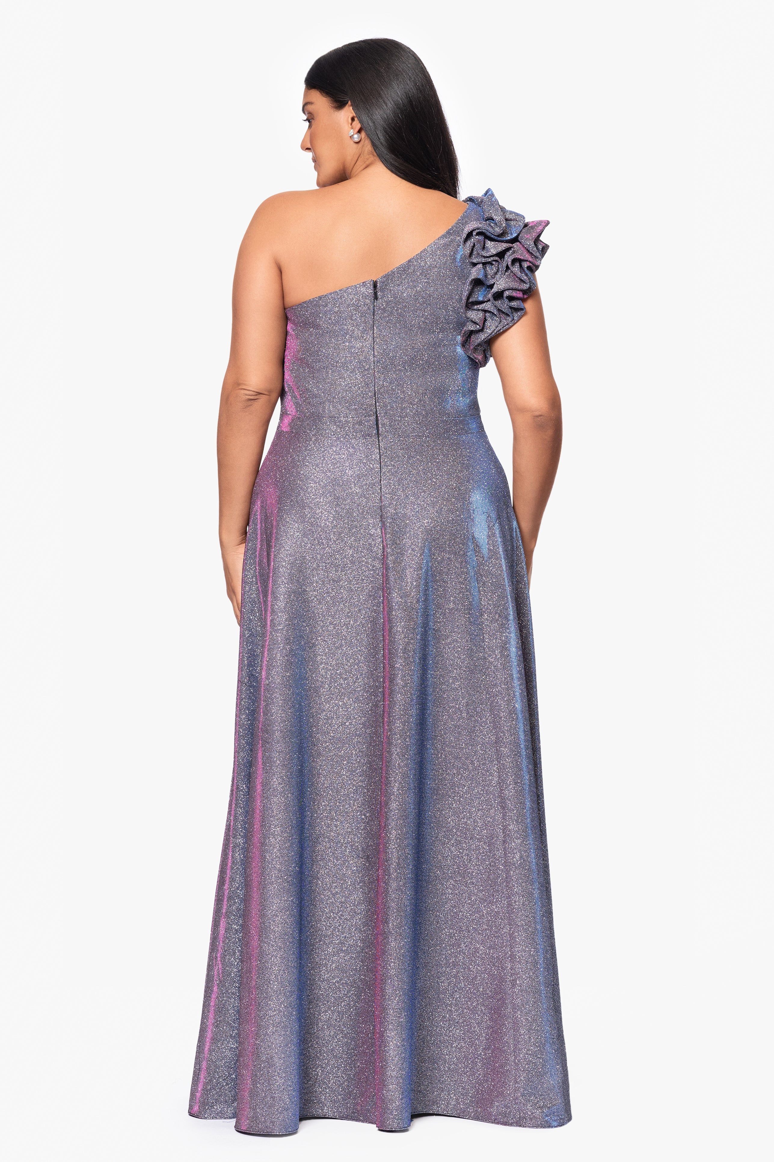 Plus "Havannah" One Shoulder Ruffle Glitter Gown