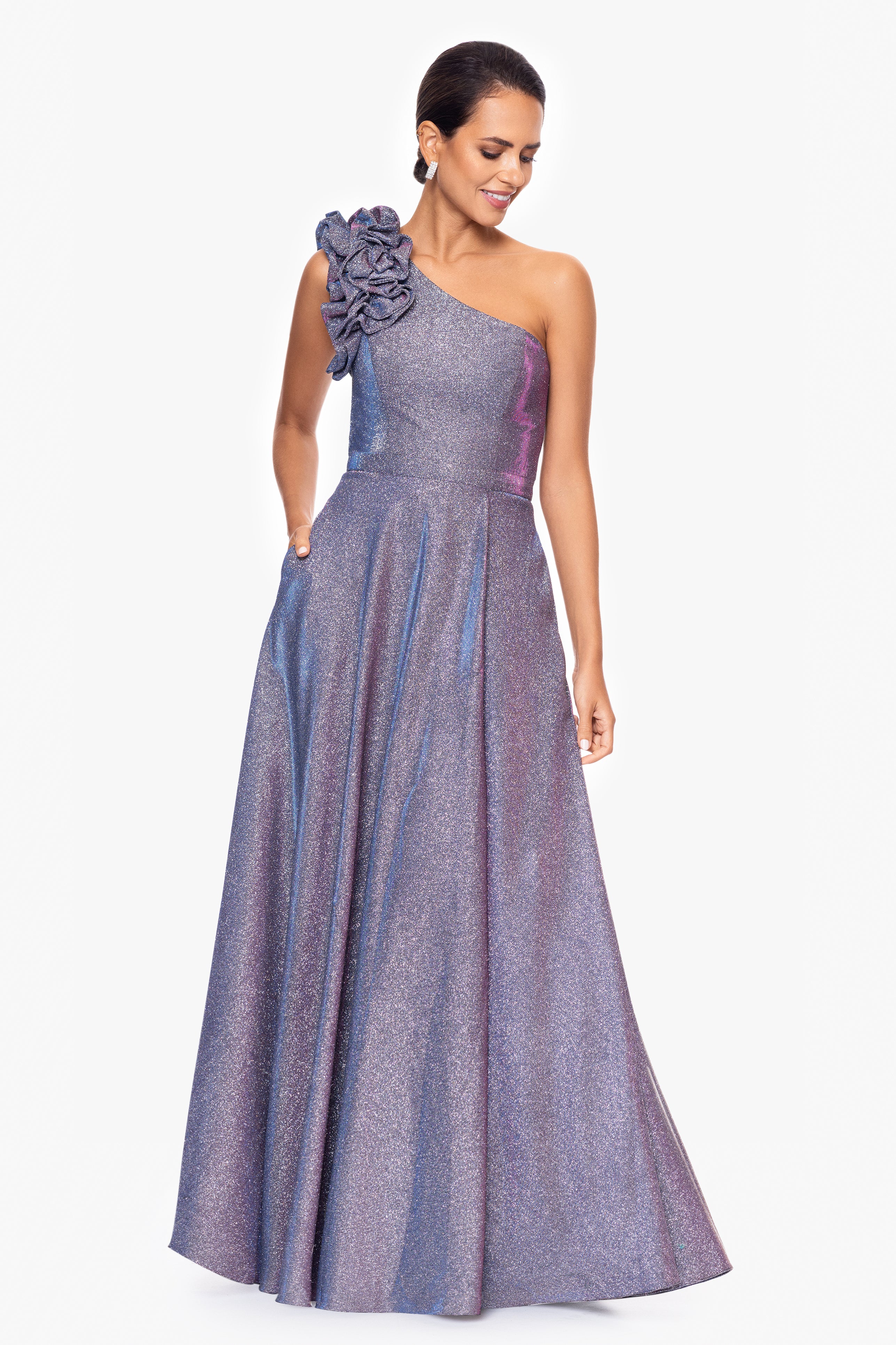 "Havannah" One Shoulder Ruffle Glitter Gown