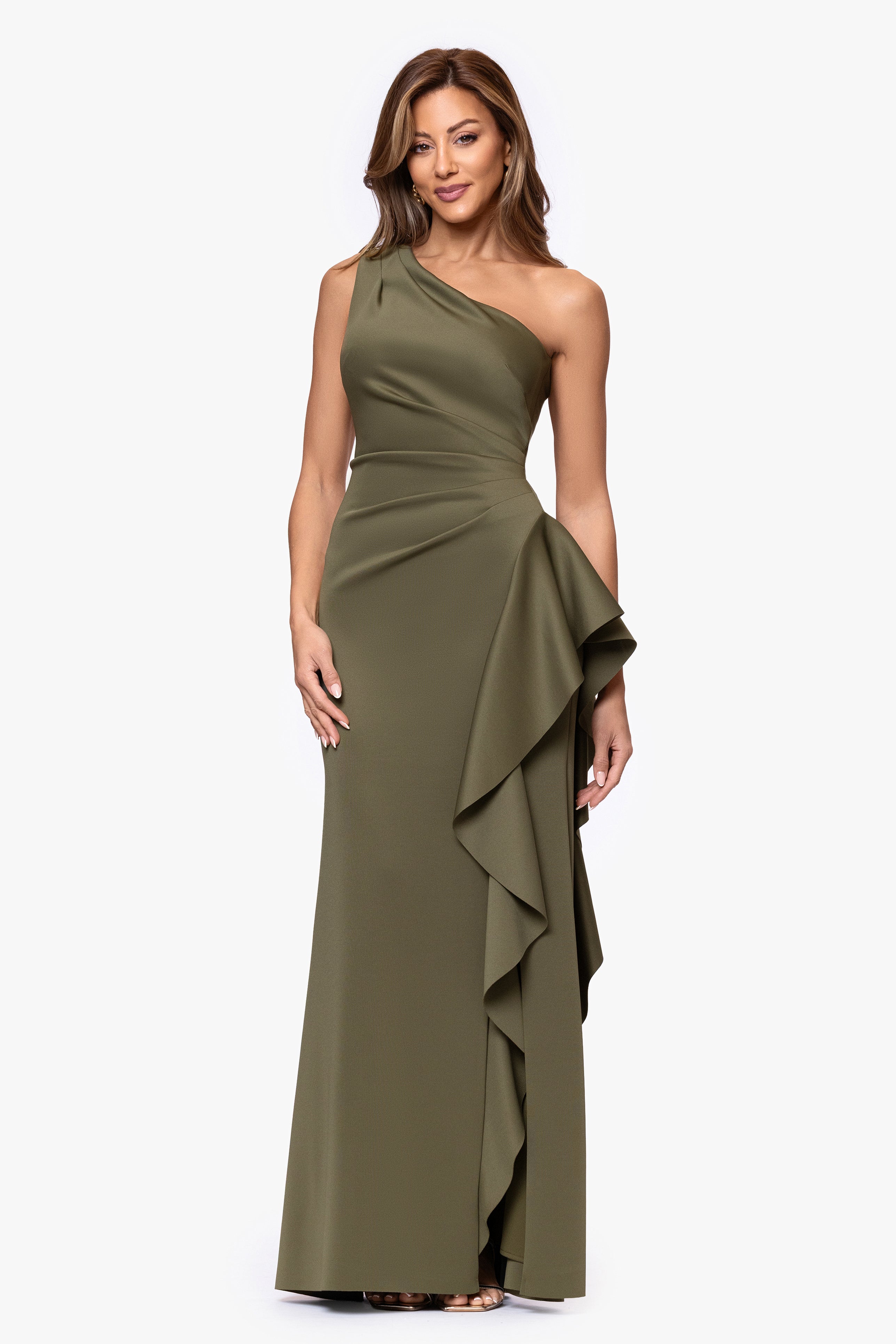 Petite "Flo" Long Techno Scuba One Shoulder Ruffle Dress