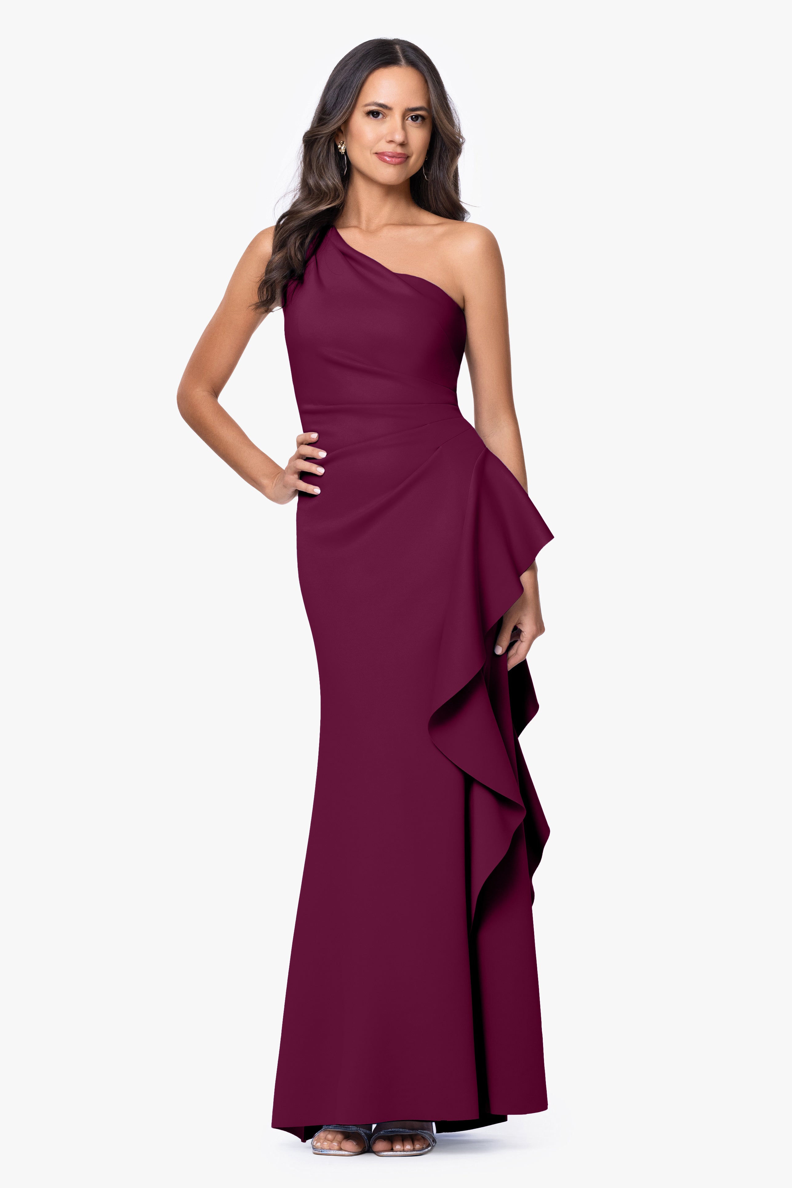 "Flo" Long Techno Scuba One Shoulder Ruffle Dress