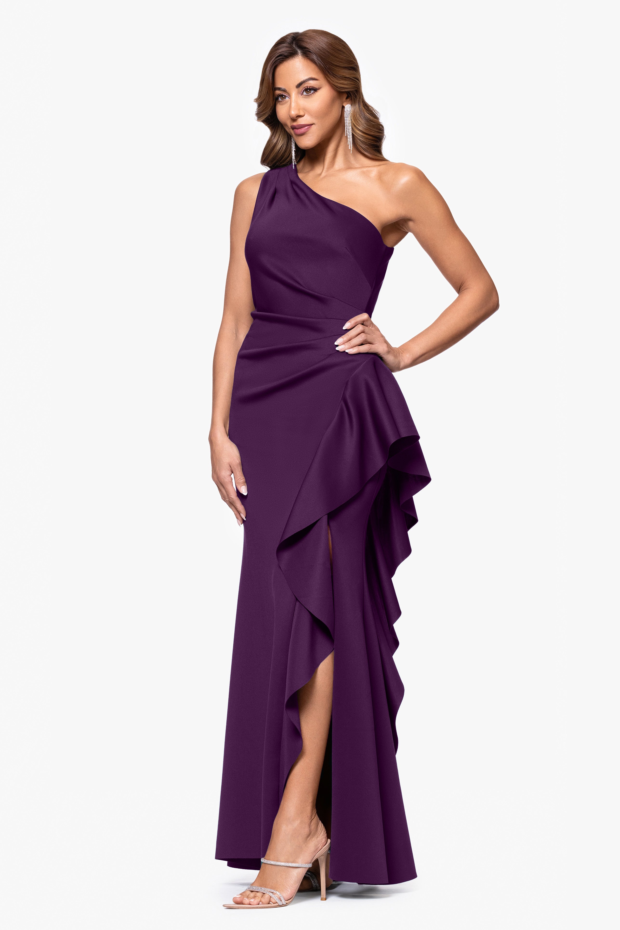 "Flo" Long Techno Scuba One Shoulder Ruffle Dress