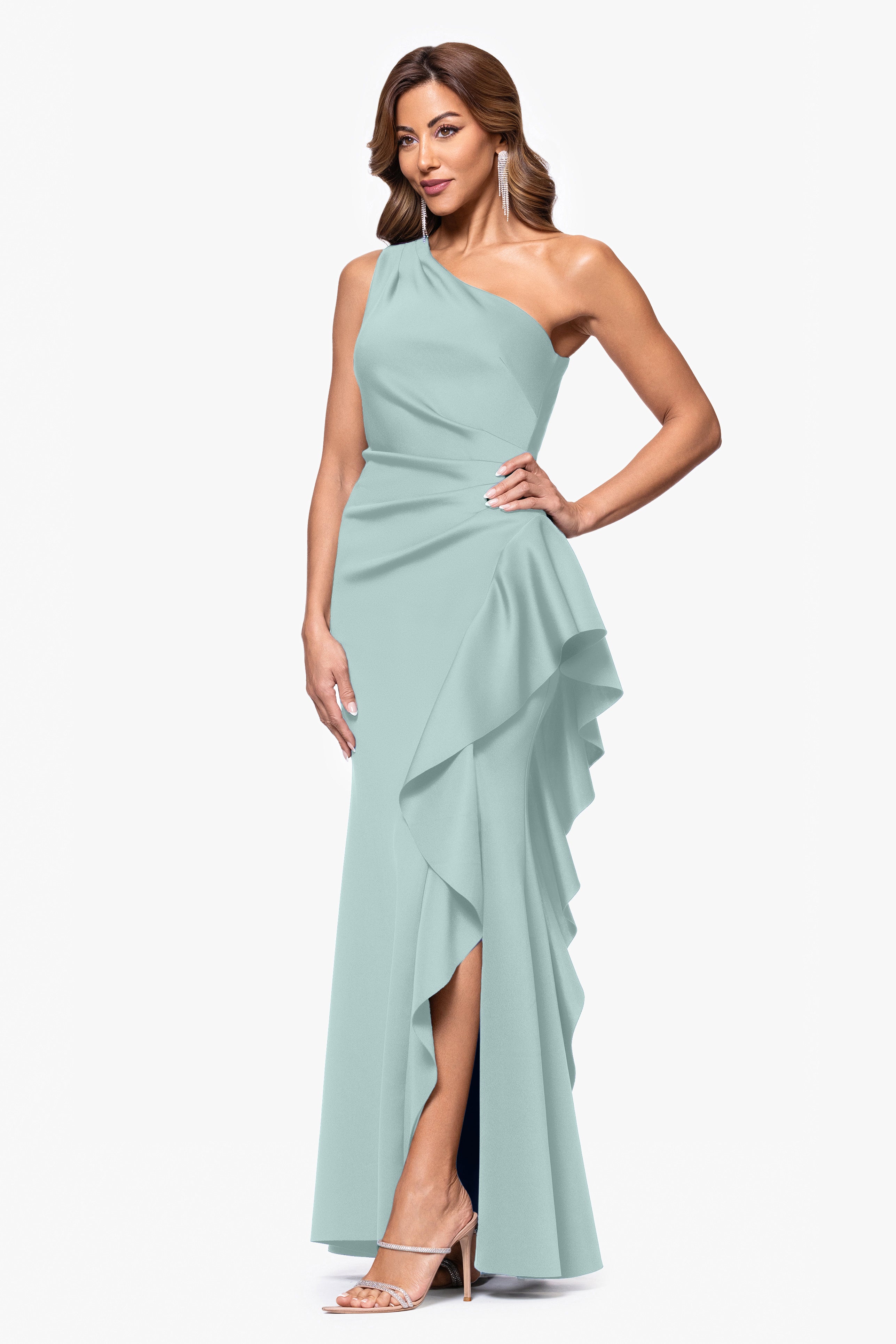 "Flo" Long Techno Scuba One Shoulder Ruffle Dress