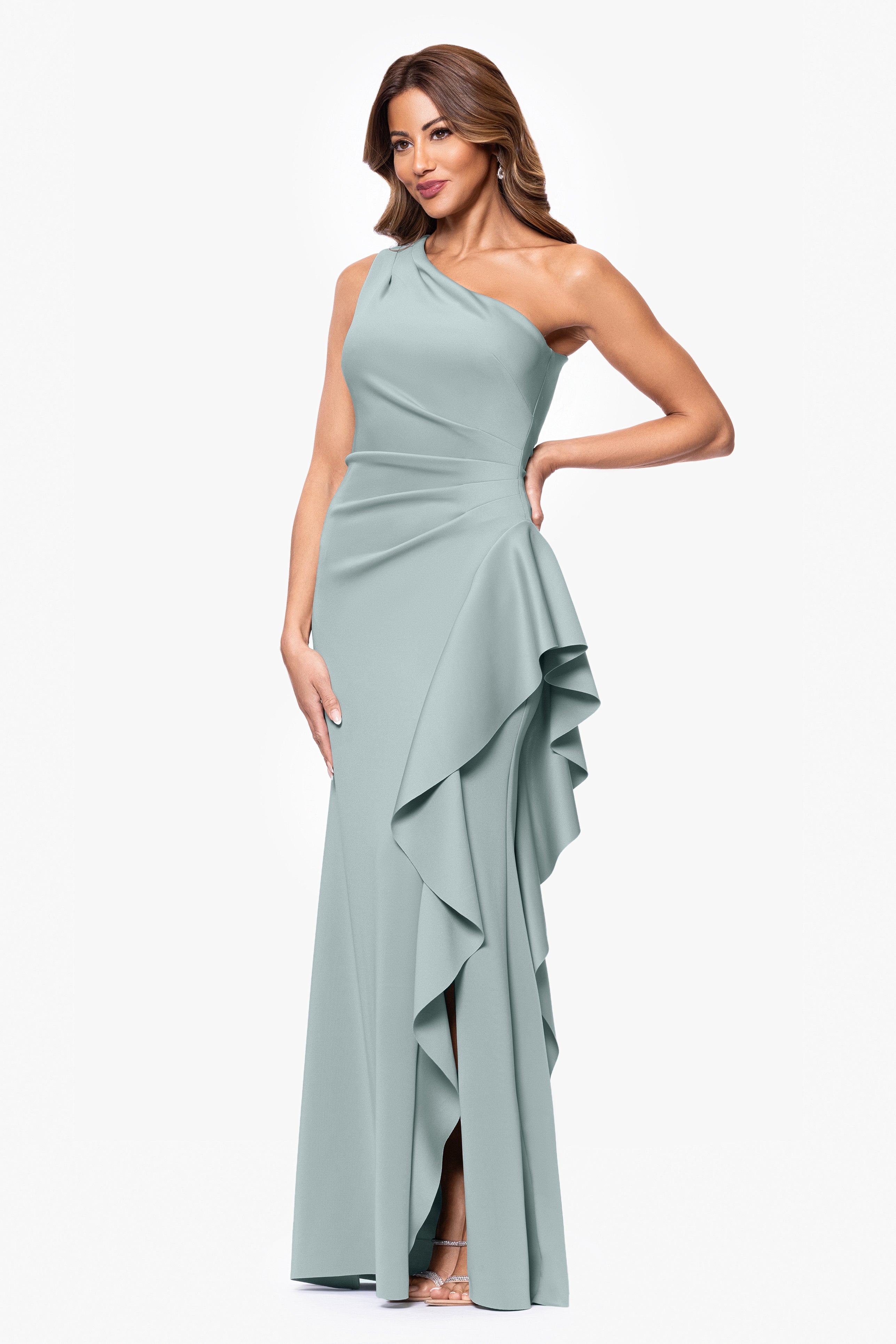 "Flo" Long Techno Scuba One Shoulder Ruffle Dress