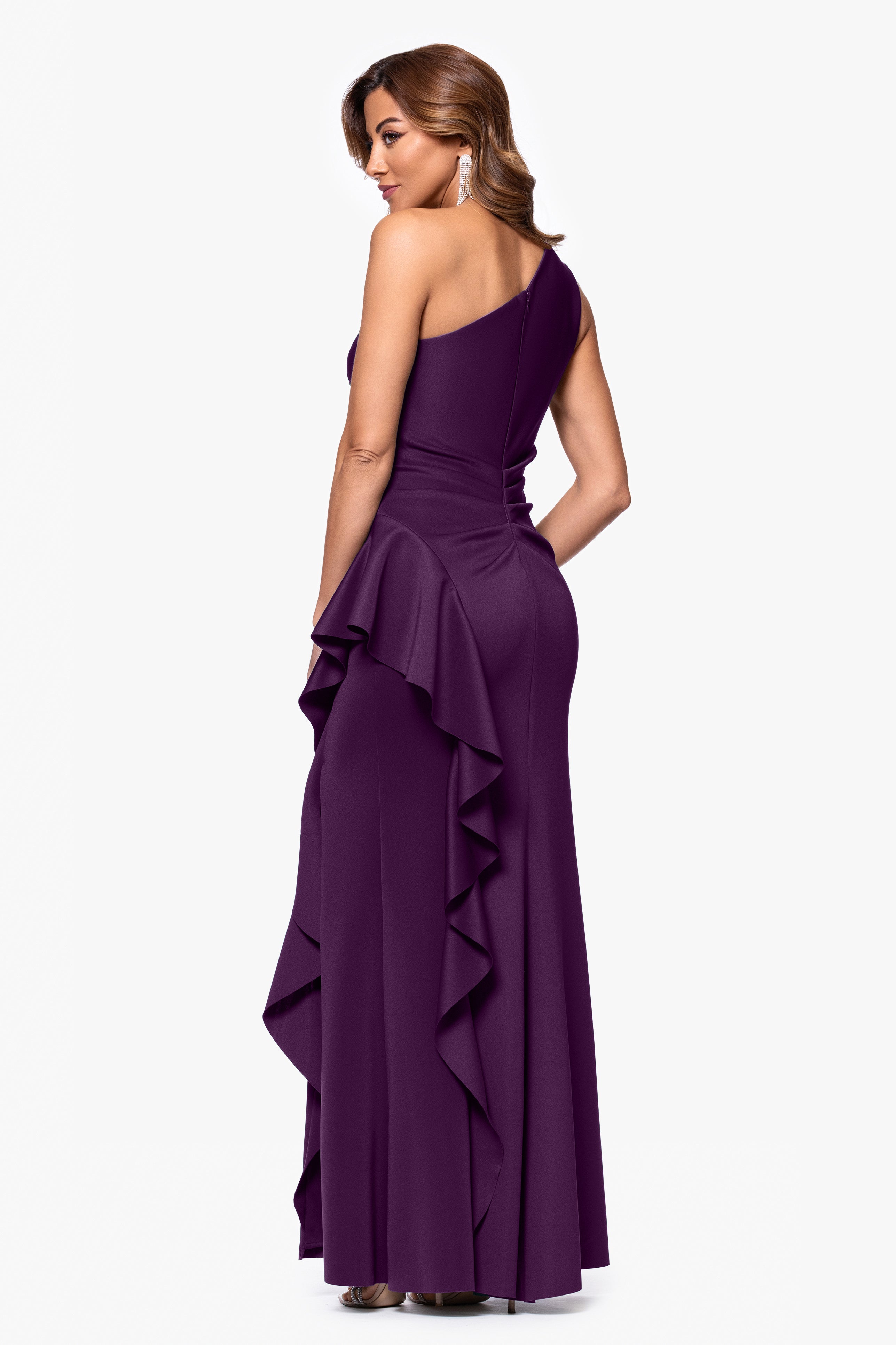 "Flo" Long Techno Scuba One Shoulder Ruffle Dress