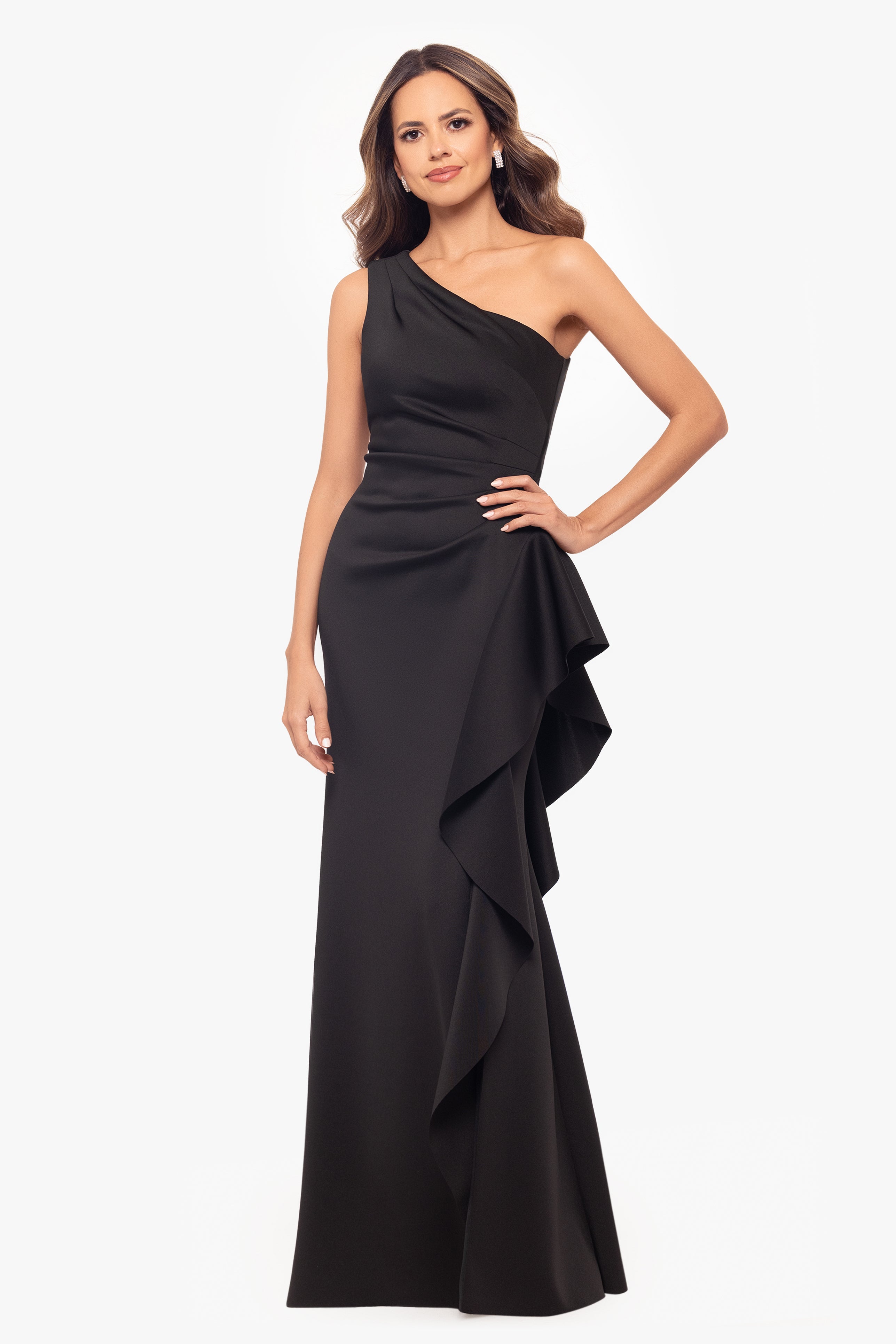 Petite "Flo" Long Techno Scuba One Shoulder Ruffle Dress