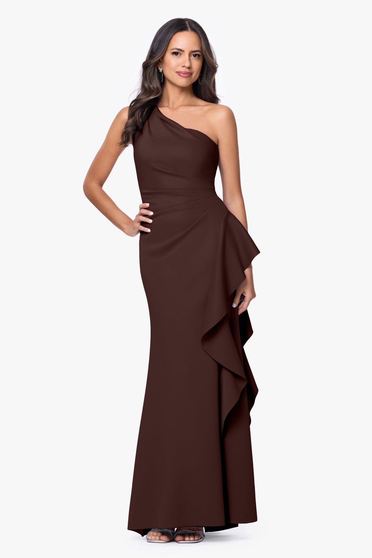 Petite "Flo" Long Techno Scuba One Shoulder Ruffle Dress