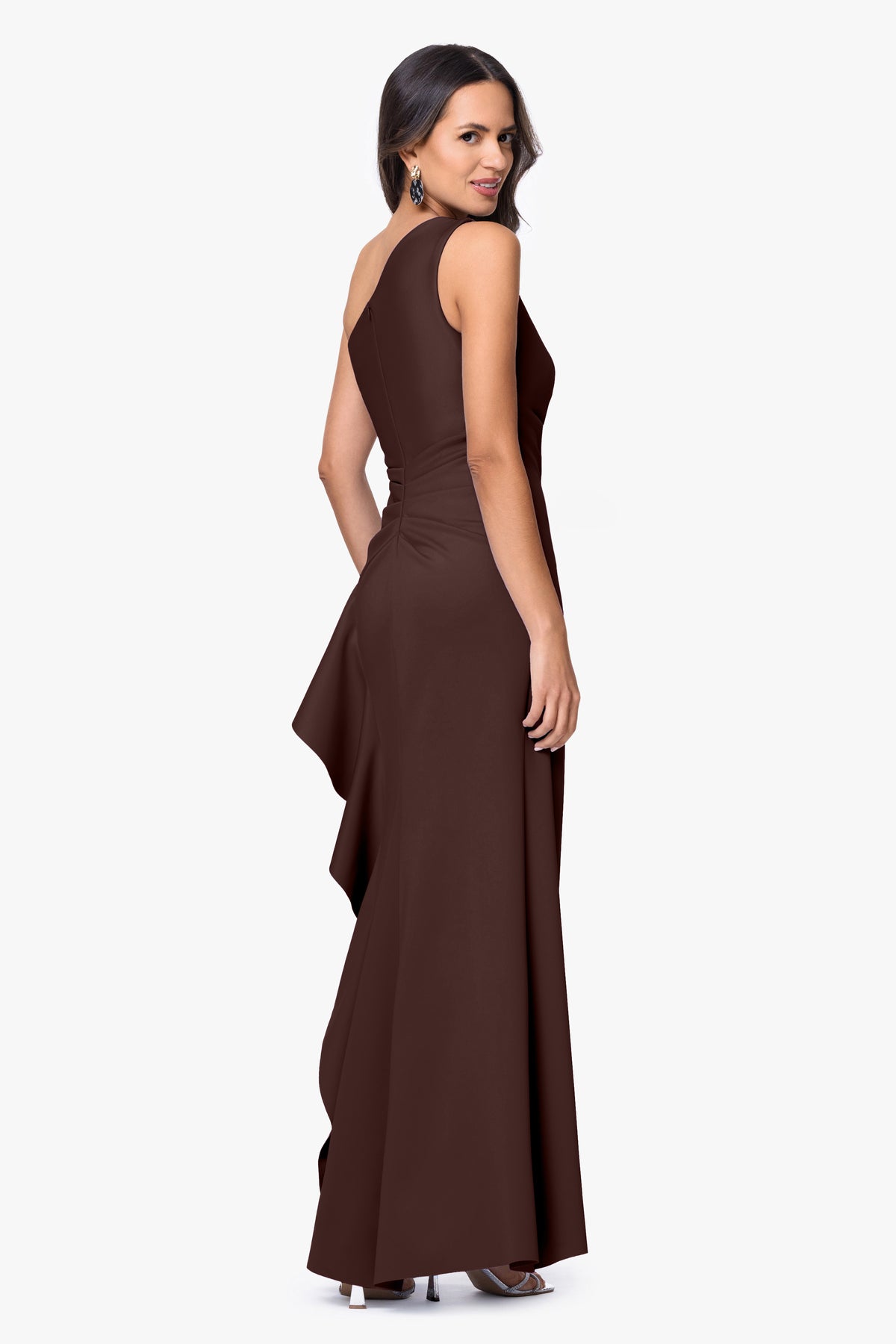 Petite "Flo" Long Techno Scuba One Shoulder Ruffle Dress