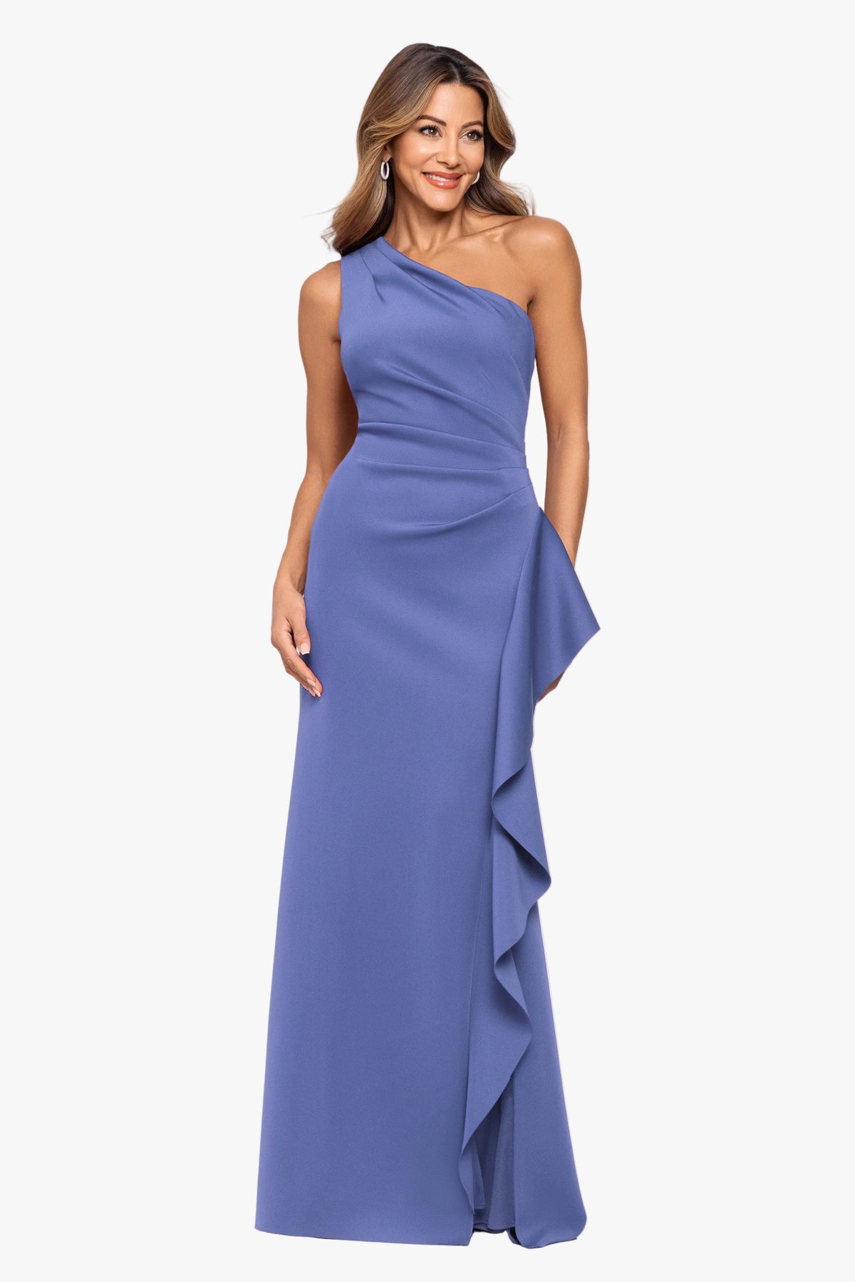 "Flo" Long Techno Scuba One Shoulder Ruffle Dress
