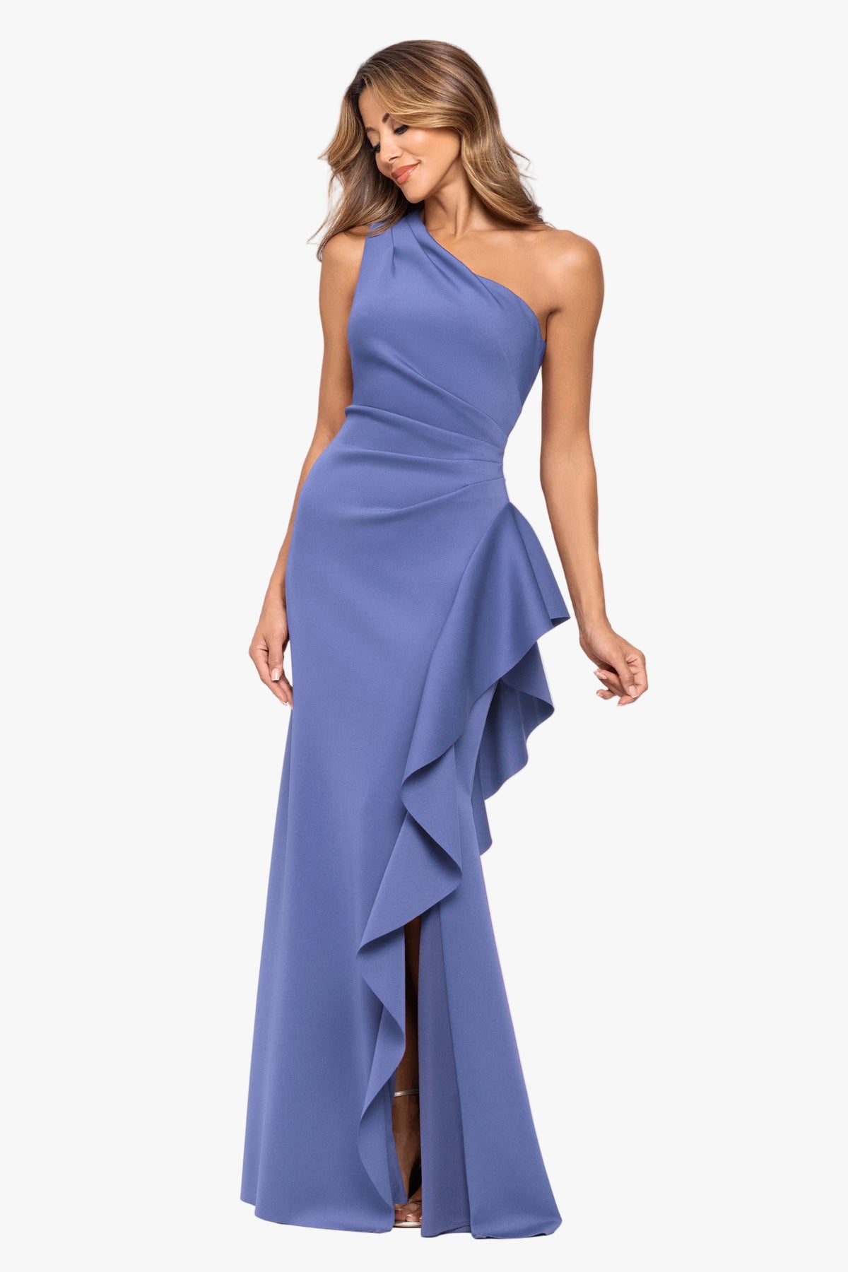 "Flo" Long Techno Scuba One Shoulder Ruffle Dress