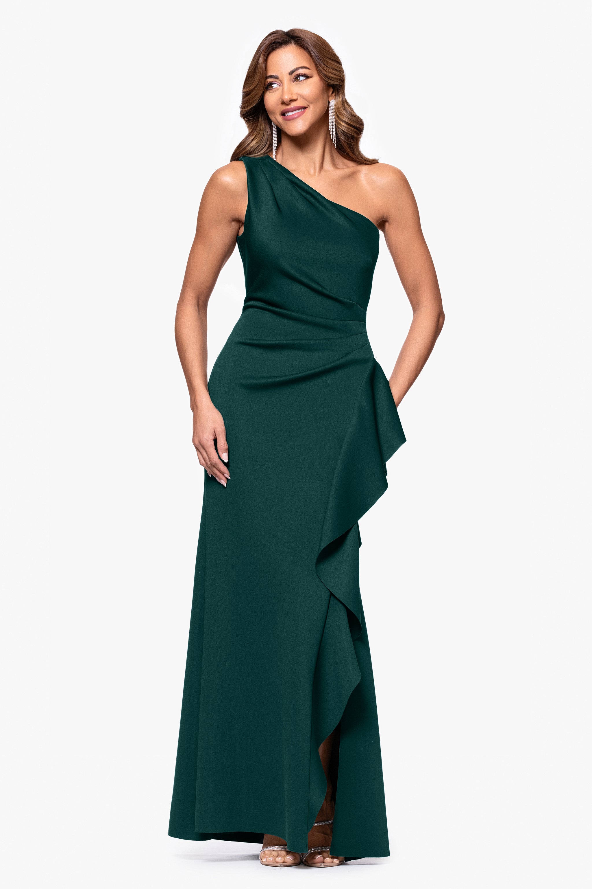 Petite "Flo" Long Techno Scuba One Shoulder Ruffle Dress
