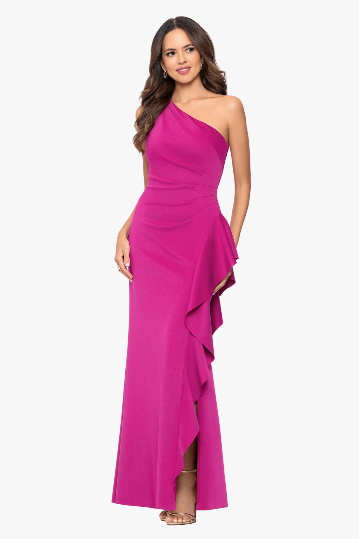 "Flo" Long Techno Scuba One Shoulder Ruffle Dress