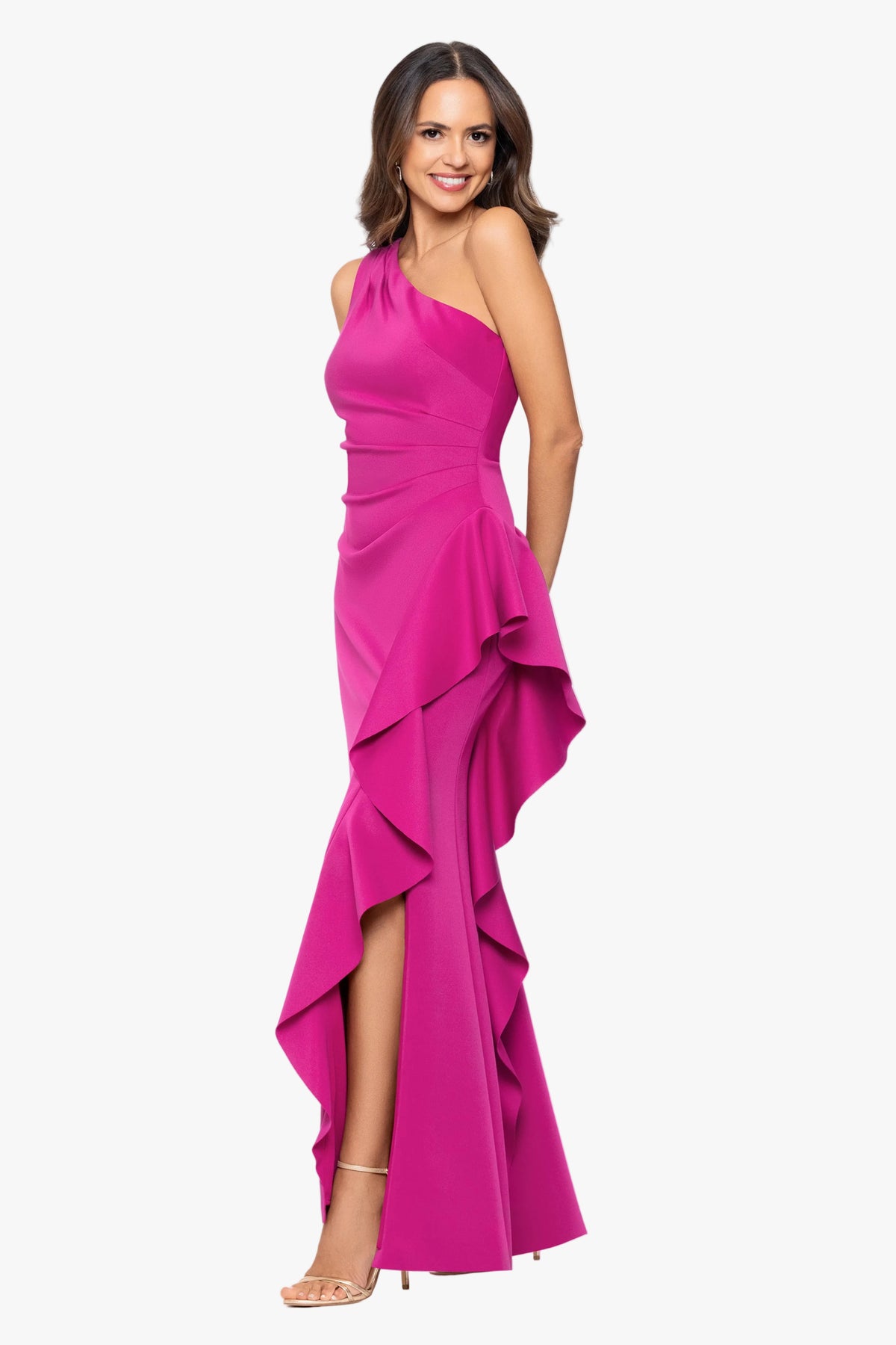 Petite "Flo" Long Techno Scuba One Shoulder Ruffle Dress