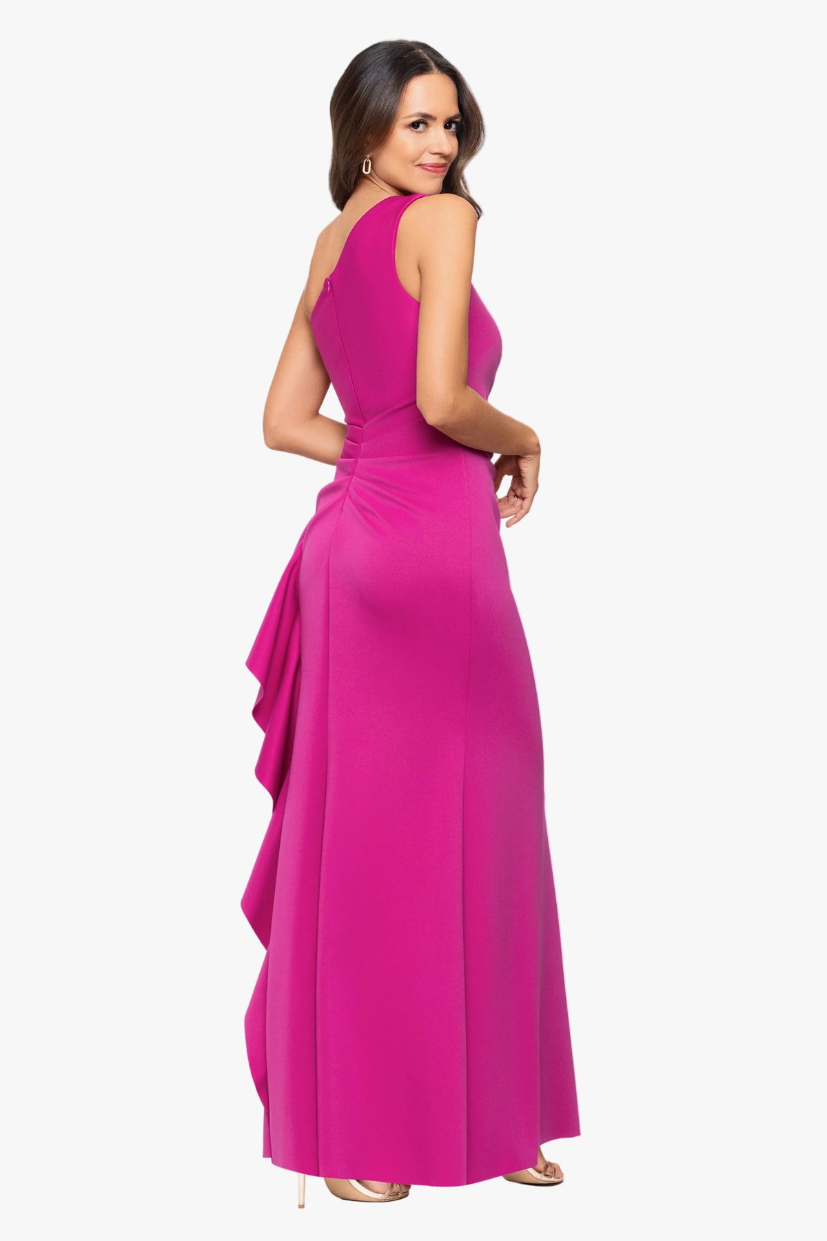 Petite "Flo" Long Techno Scuba One Shoulder Ruffle Dress